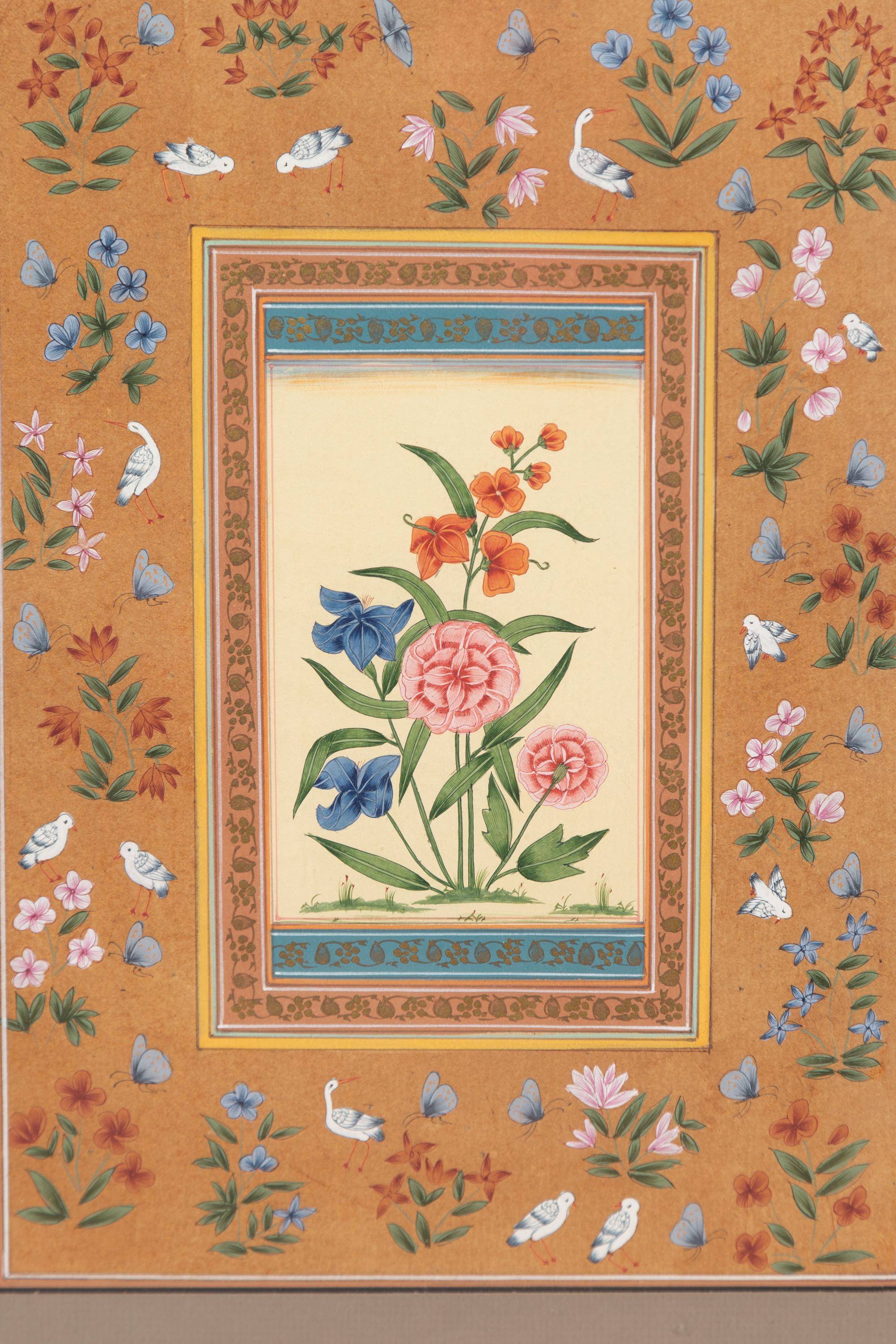 20th Century Indian Floral Still-Life from the Midcentury Period with Flowers and Birds