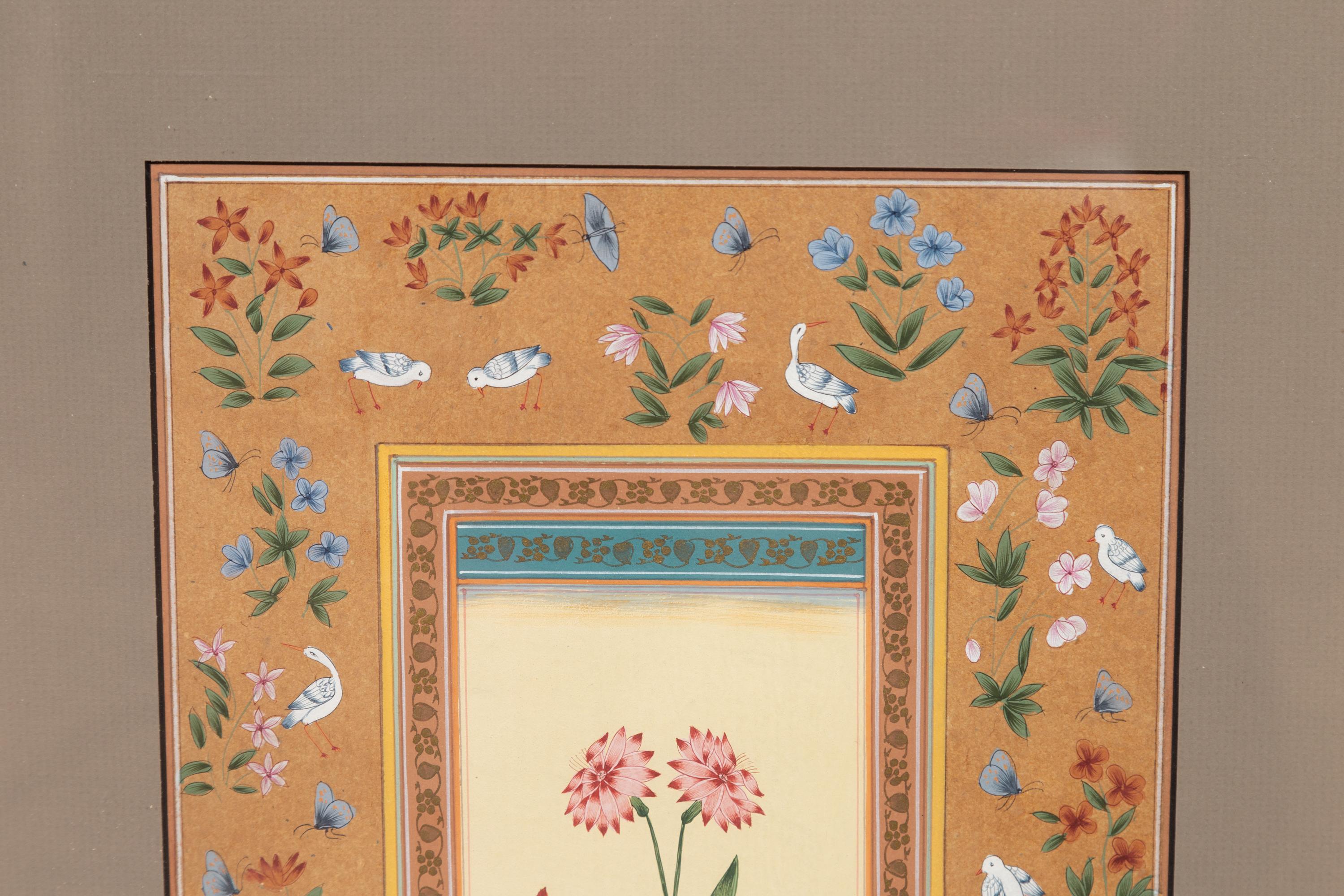 Paper Indian Floral Still-Life from the Midcentury Period with Flowers and Birds