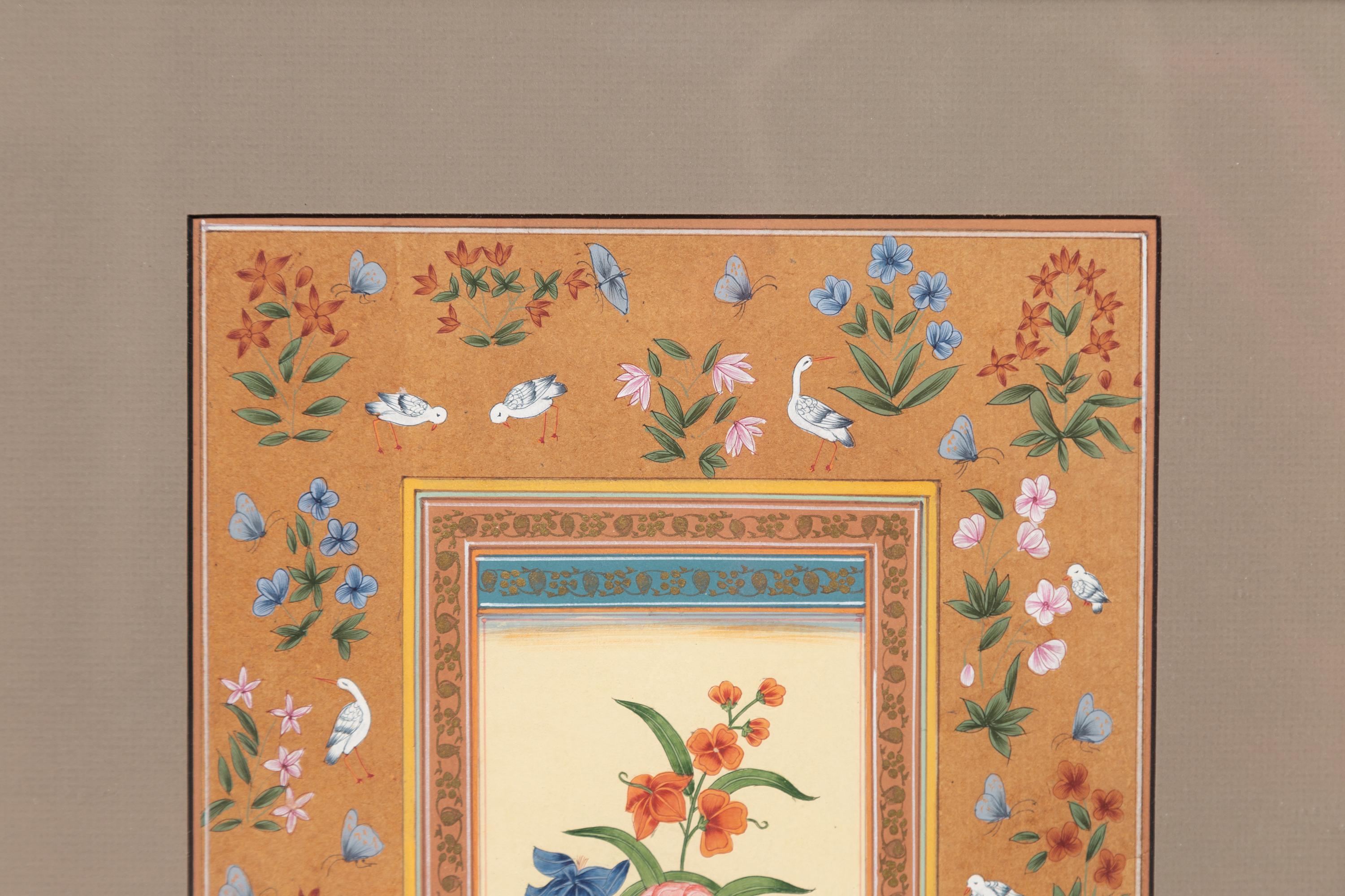 Paper Indian Floral Still-Life from the Midcentury Period with Flowers and Birds