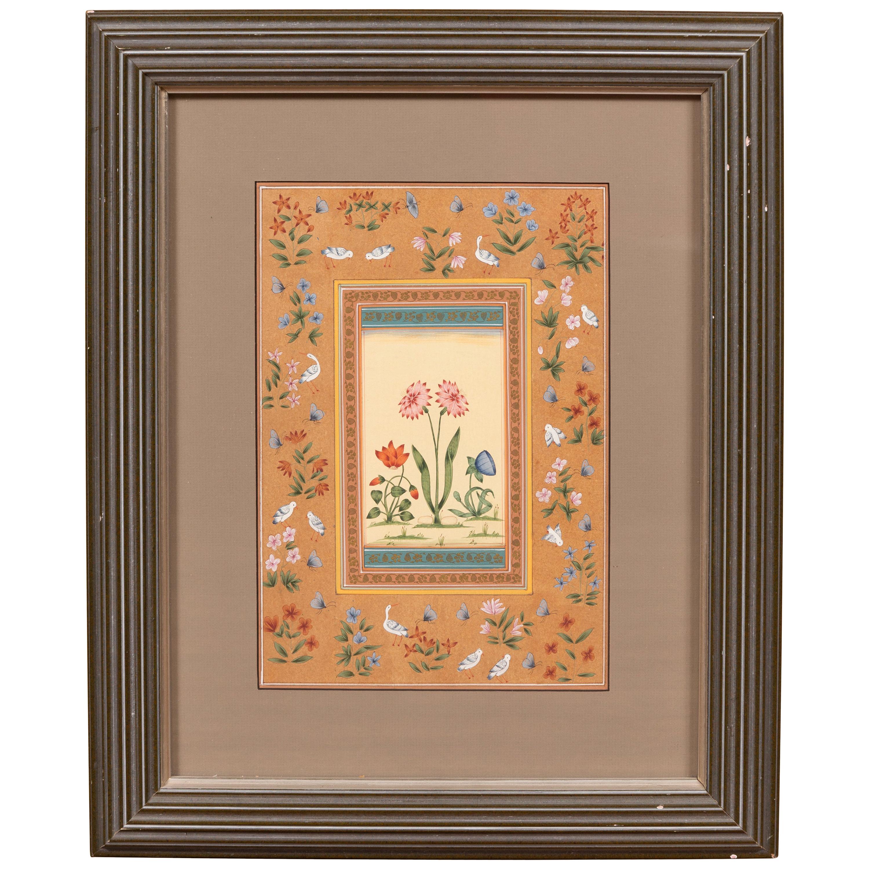 Indian Floral Still-Life from the Midcentury Period with Flowers and Birds