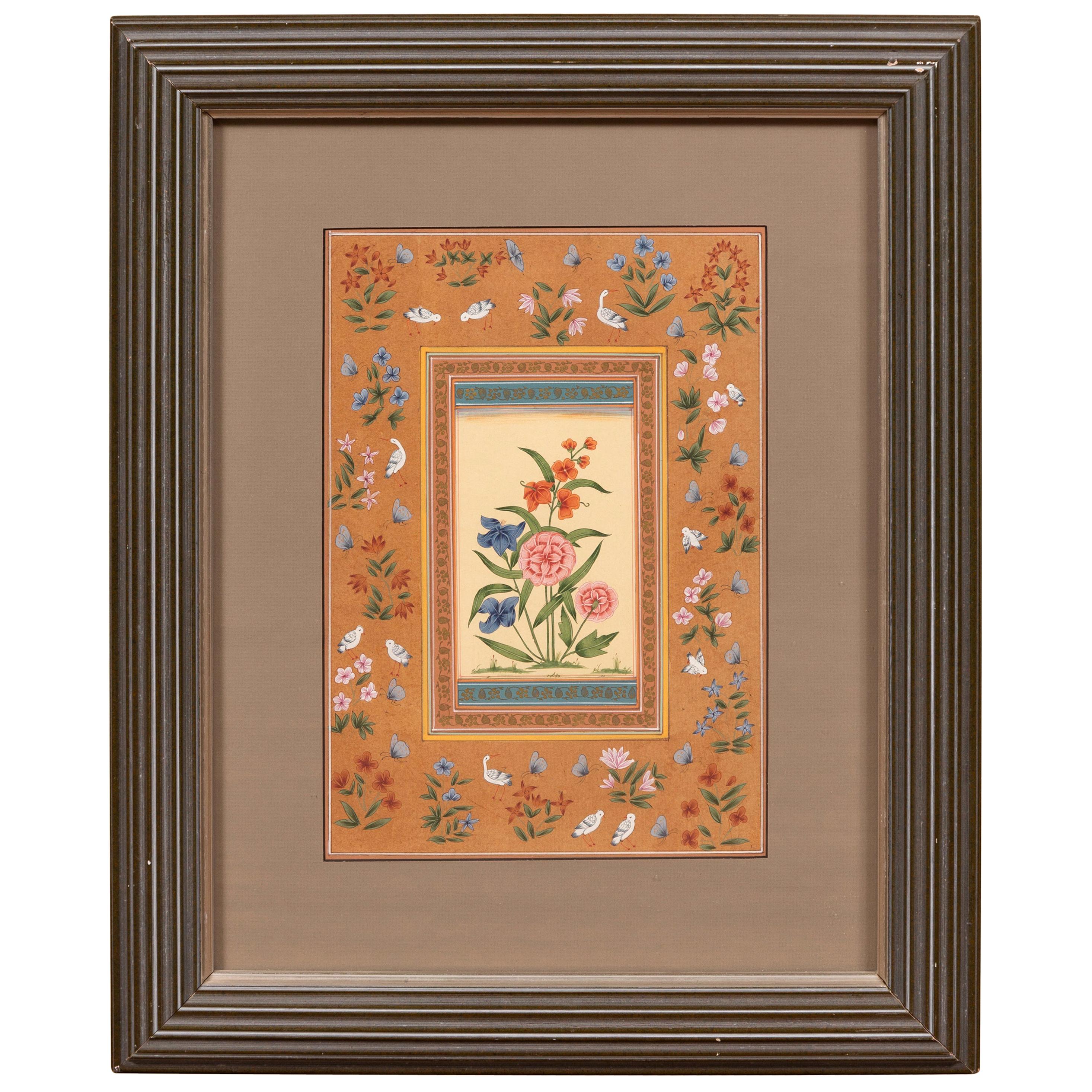 Indian Floral Still-Life from the Midcentury Period with Flowers and Birds