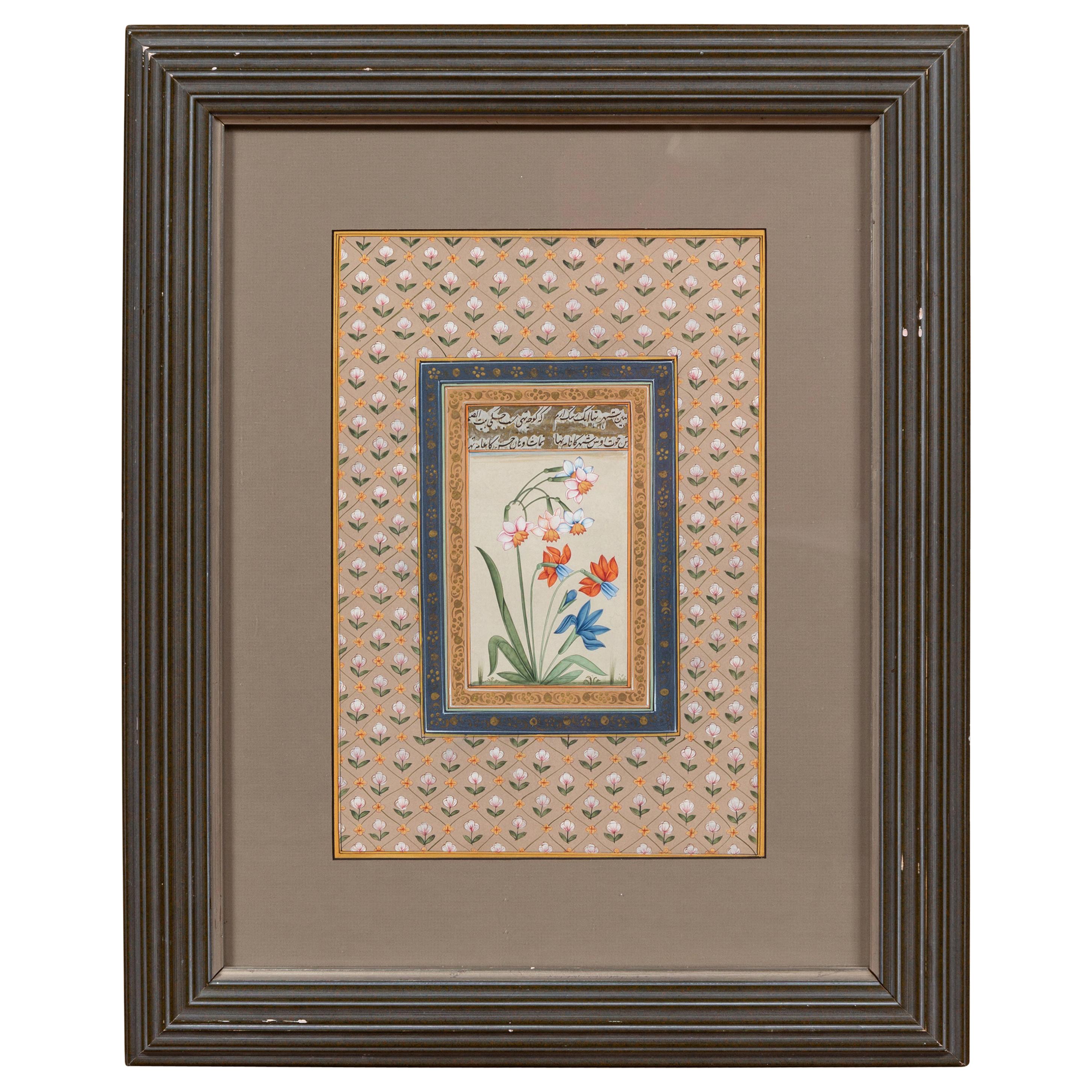 Indian Floral Still-Life from the Midcentury Period with Flowers and Calligraphy For Sale