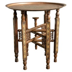 Used Indian Folding Console Table with Engraved Copper Top