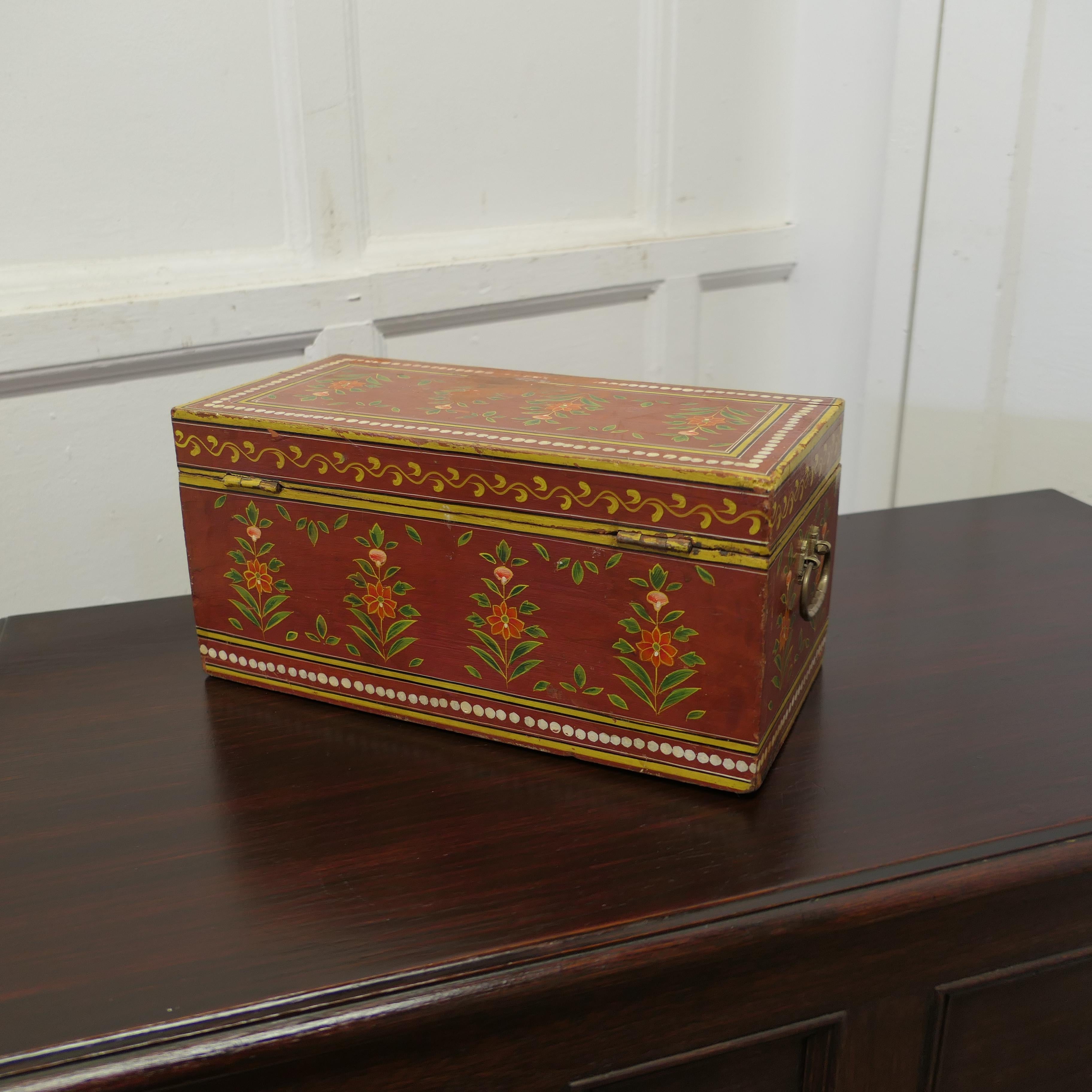 Pine Indian Folk Art Painted Treasure Chest  This is a pretty piece  For Sale