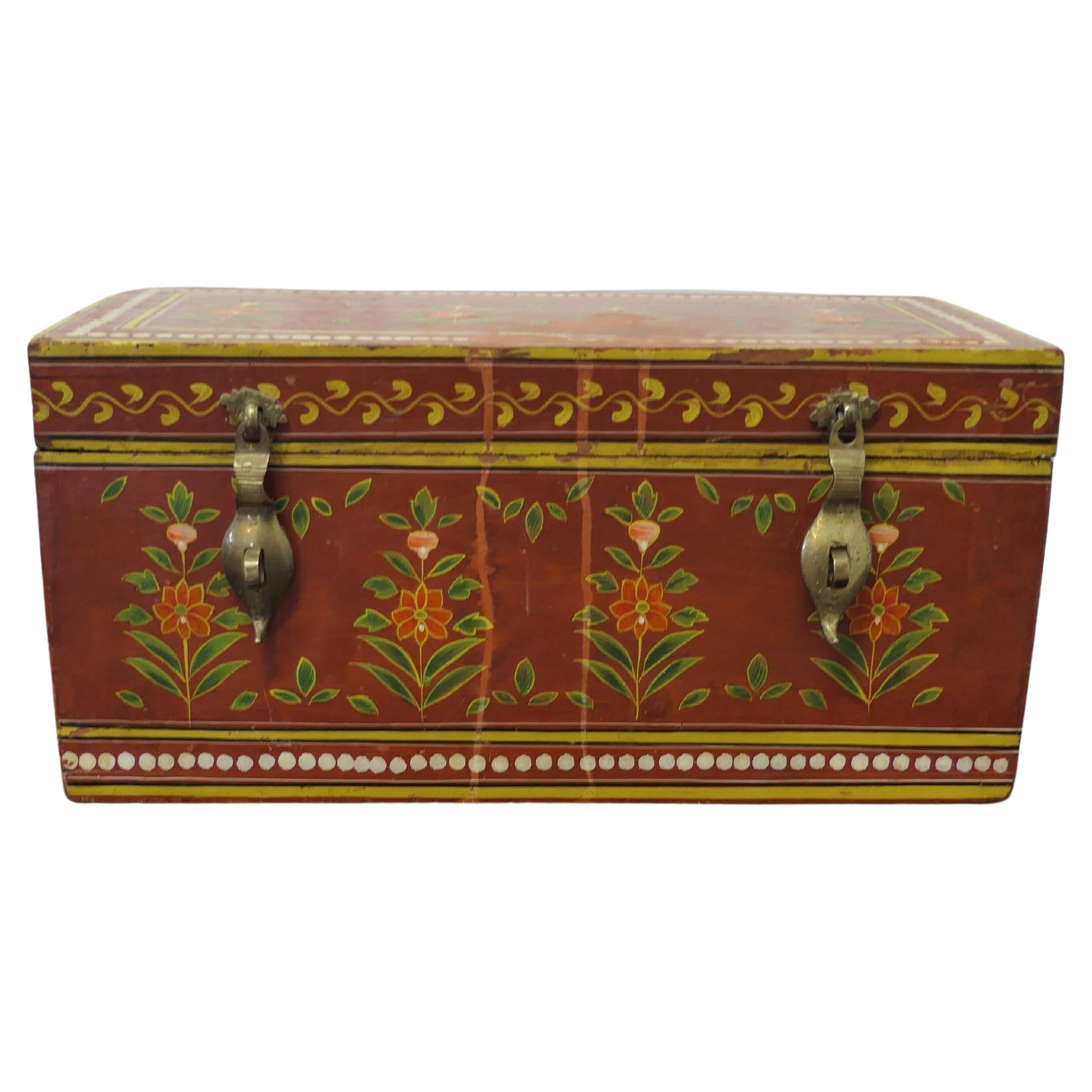 Indian Folk Art Painted Treasure Chest  This is a pretty piece  For Sale