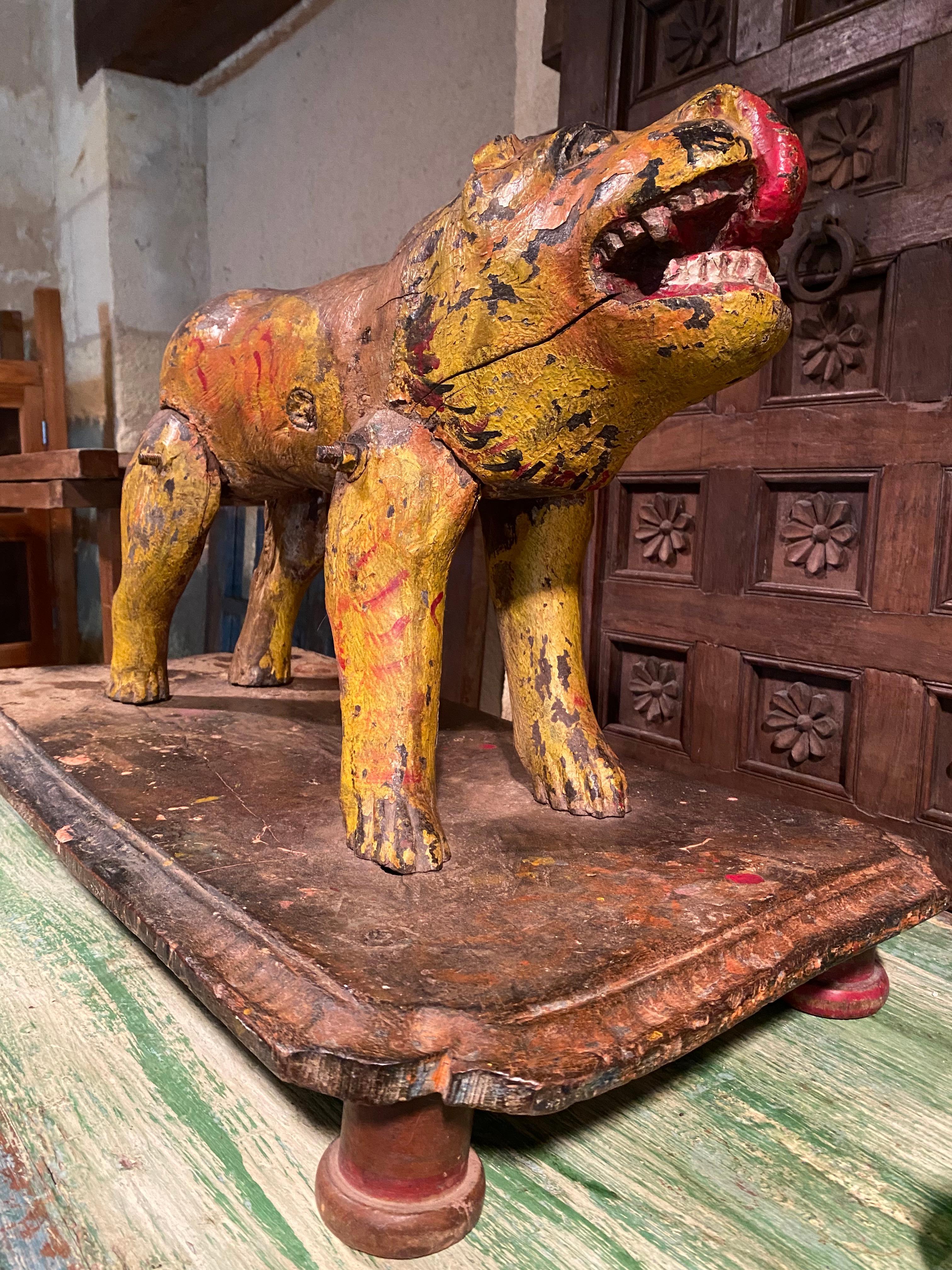 Folk art Hand painted sculpture of a roaring lion from an Indian processional chariot