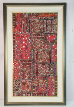 Indian Framed Textile Patchwork, Colorful Hand-Crafted Art, 1950s