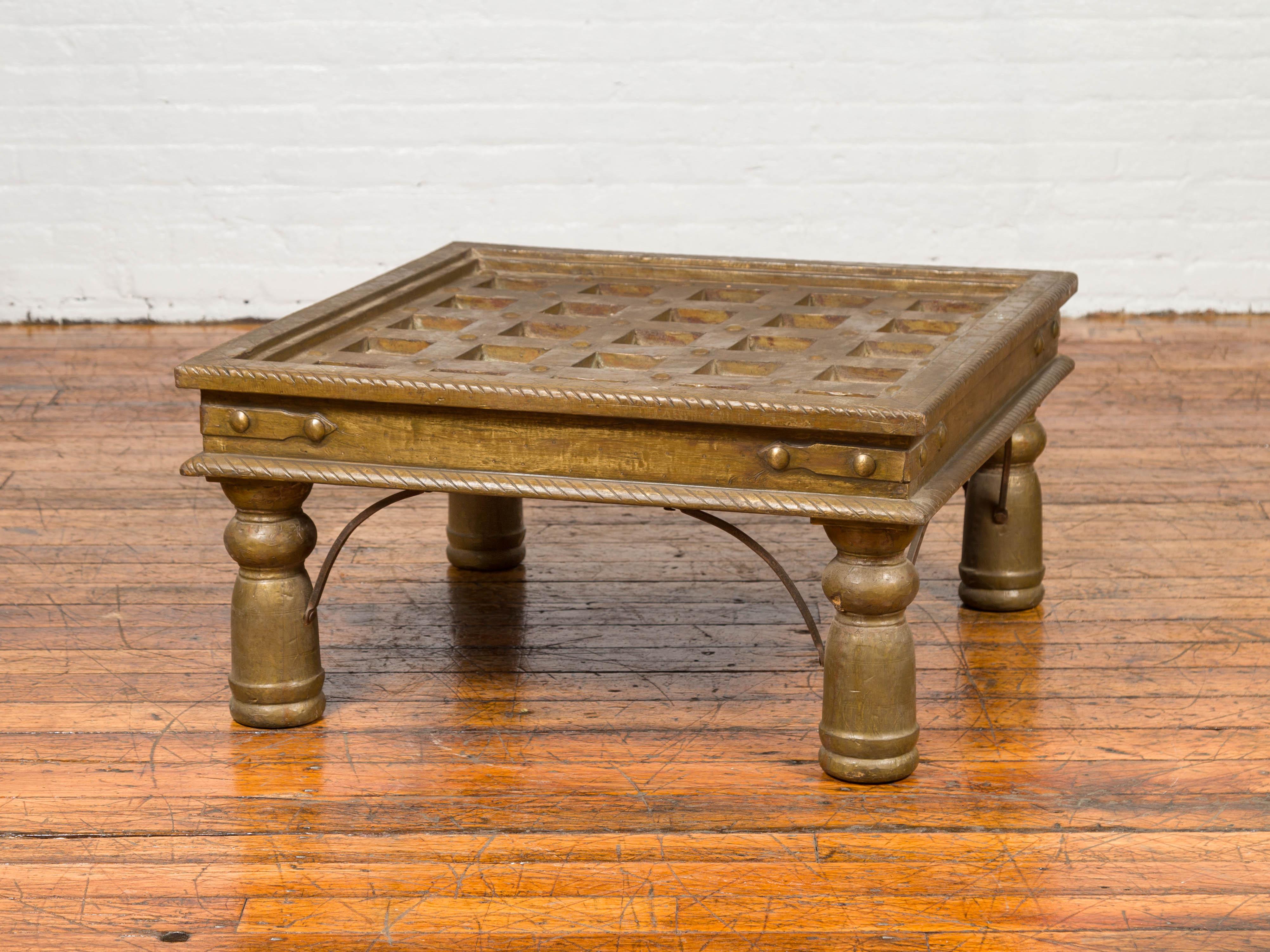 Indian Geometric Top Brass Sheathing Window Grate Made into a Coffee Table For Sale 4