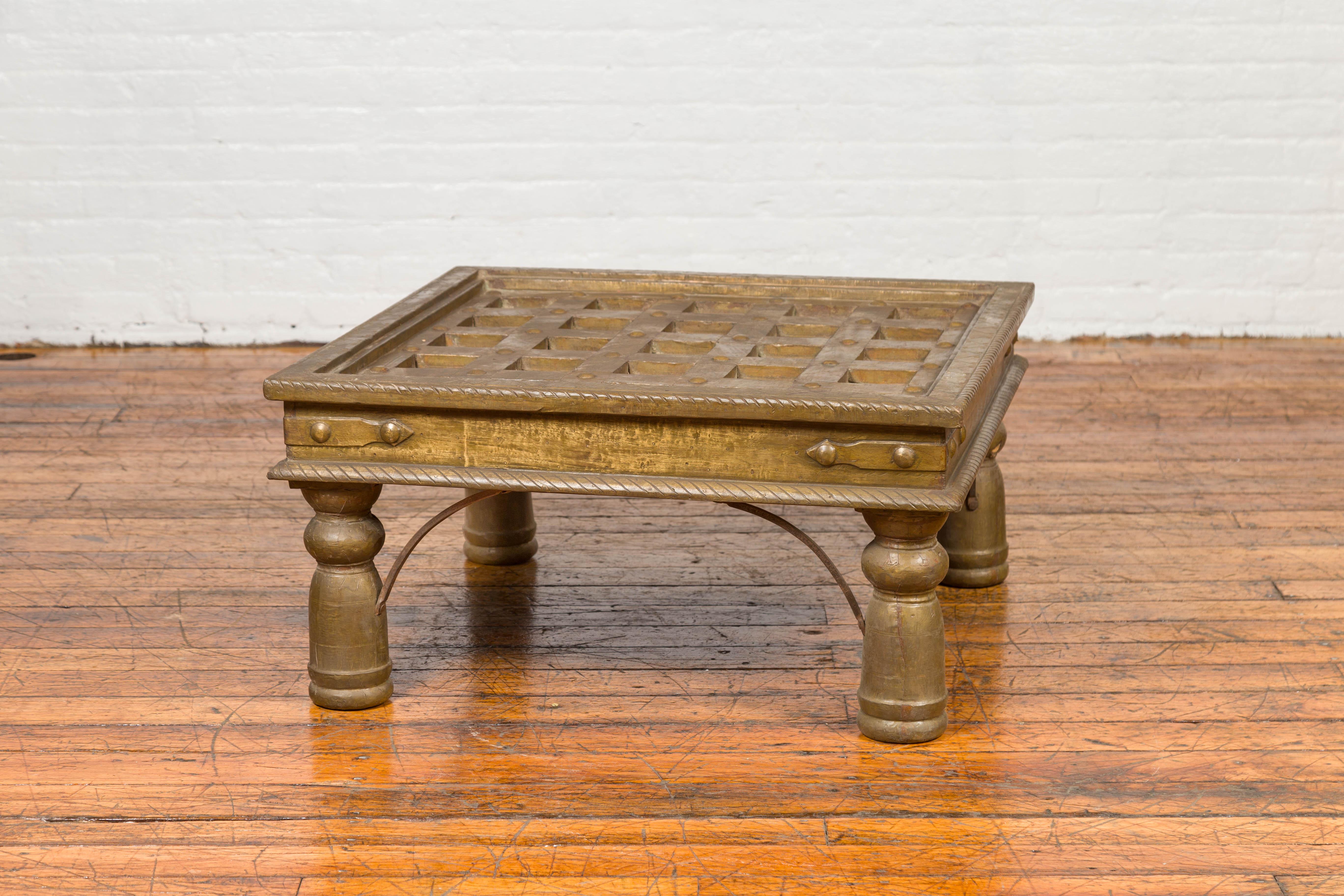 Indian Geometric Top Brass Sheathing Window Grate Made into a Coffee Table For Sale 5