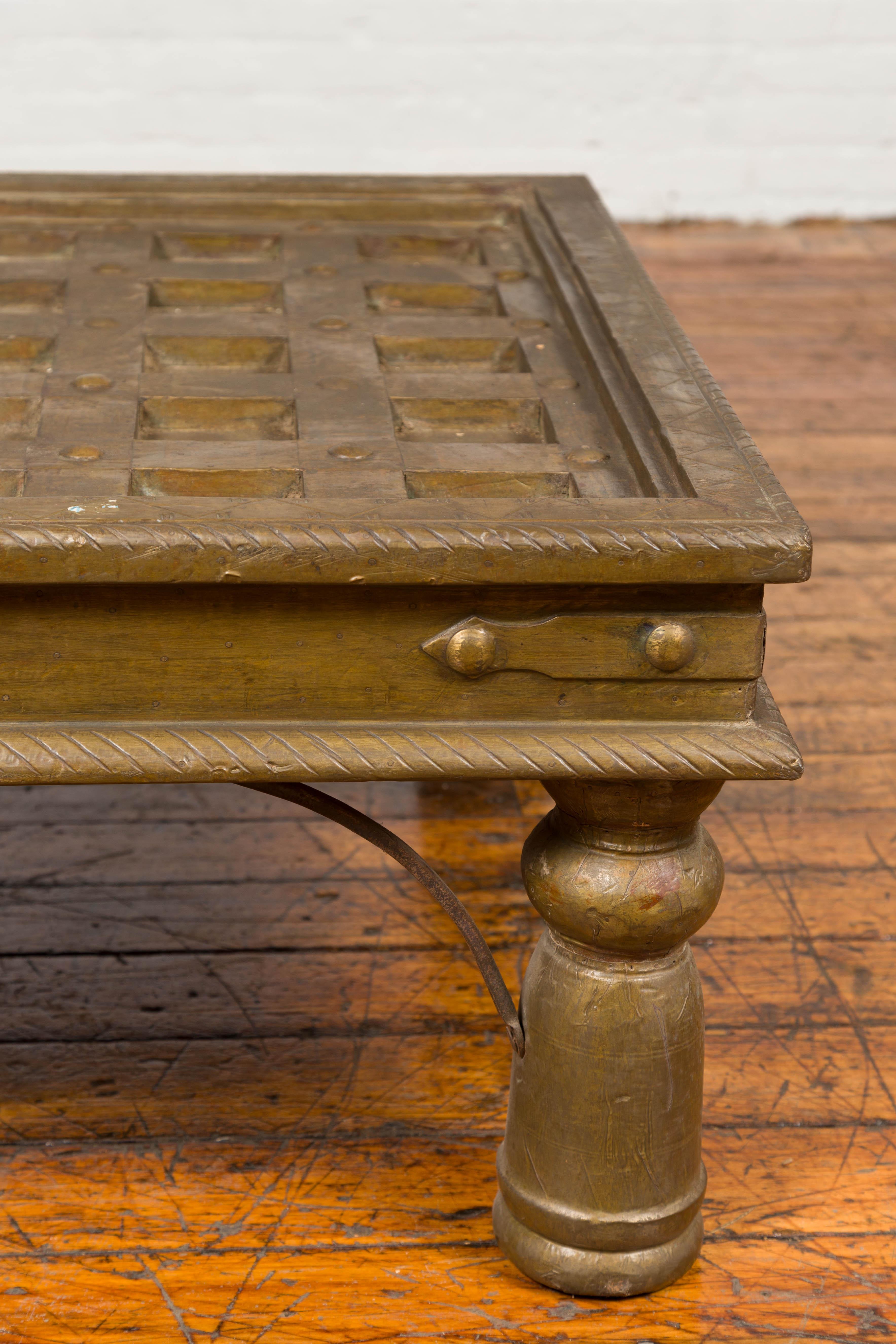 19th Century Indian Geometric Top Brass Sheathing Window Grate Made into a Coffee Table For Sale