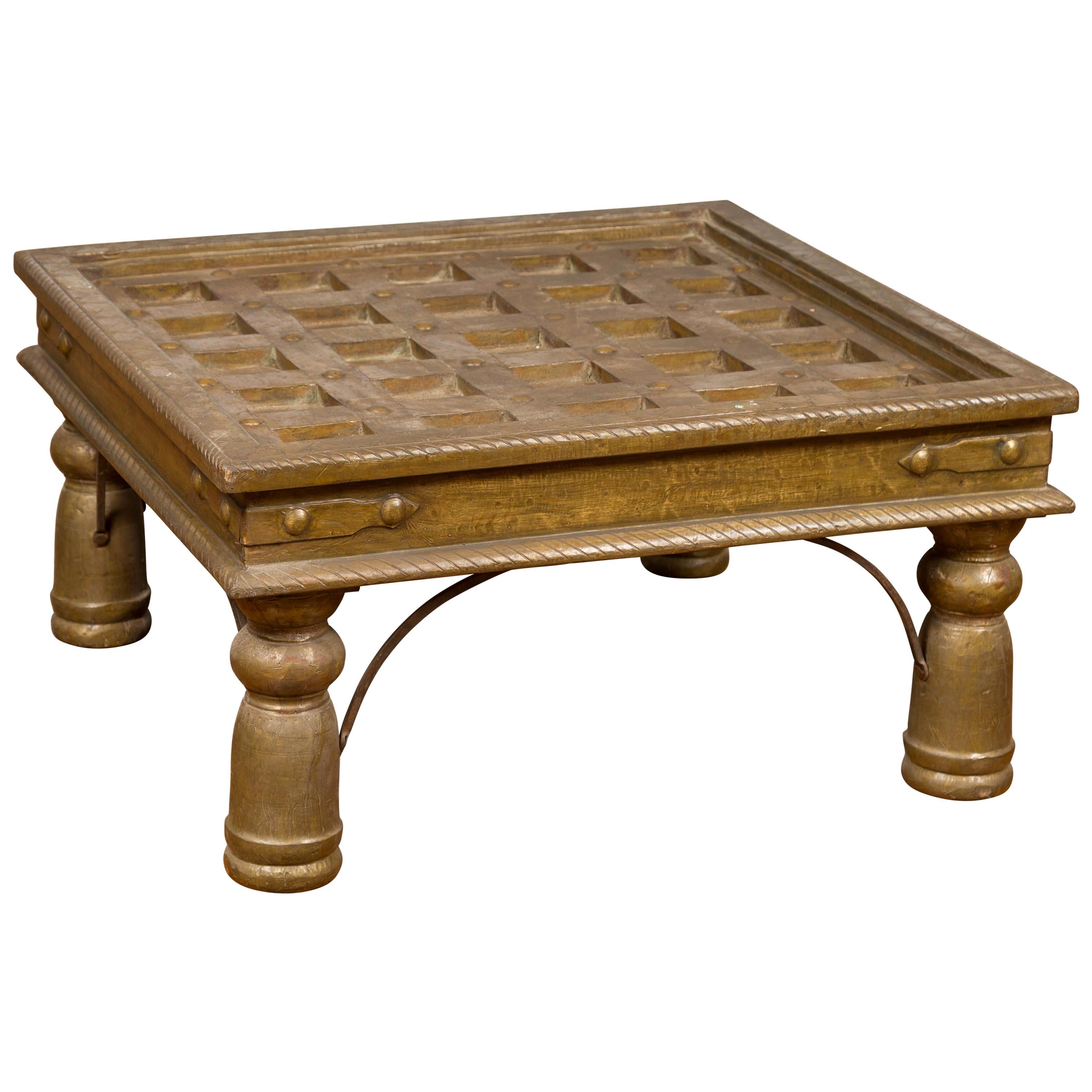 Indian Geometric Top Brass Sheathing Window Grate Made into a Coffee Table