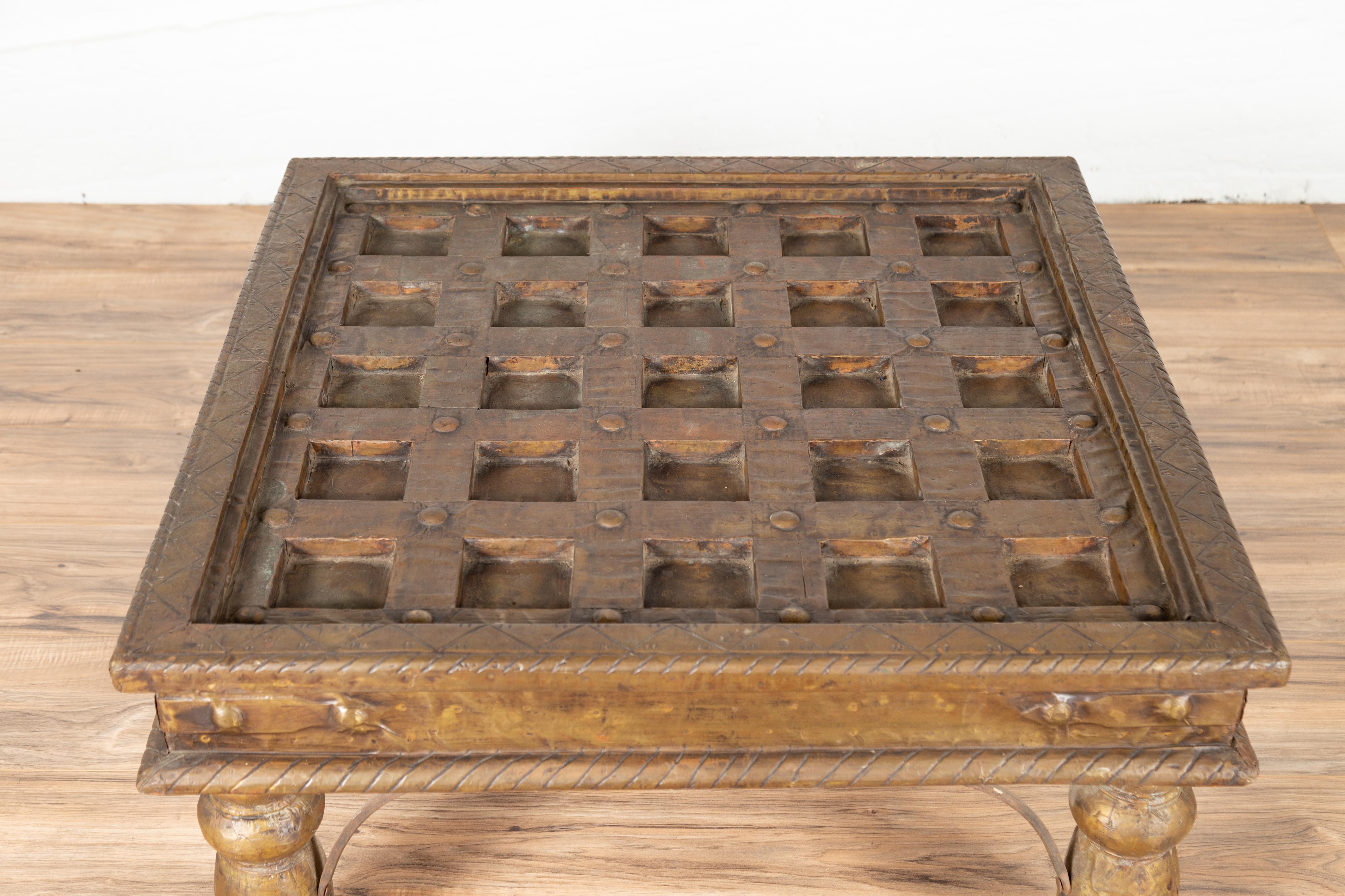 Indian Geometric Top Wood and Brass Window Grate Made into a Coffee Table 5