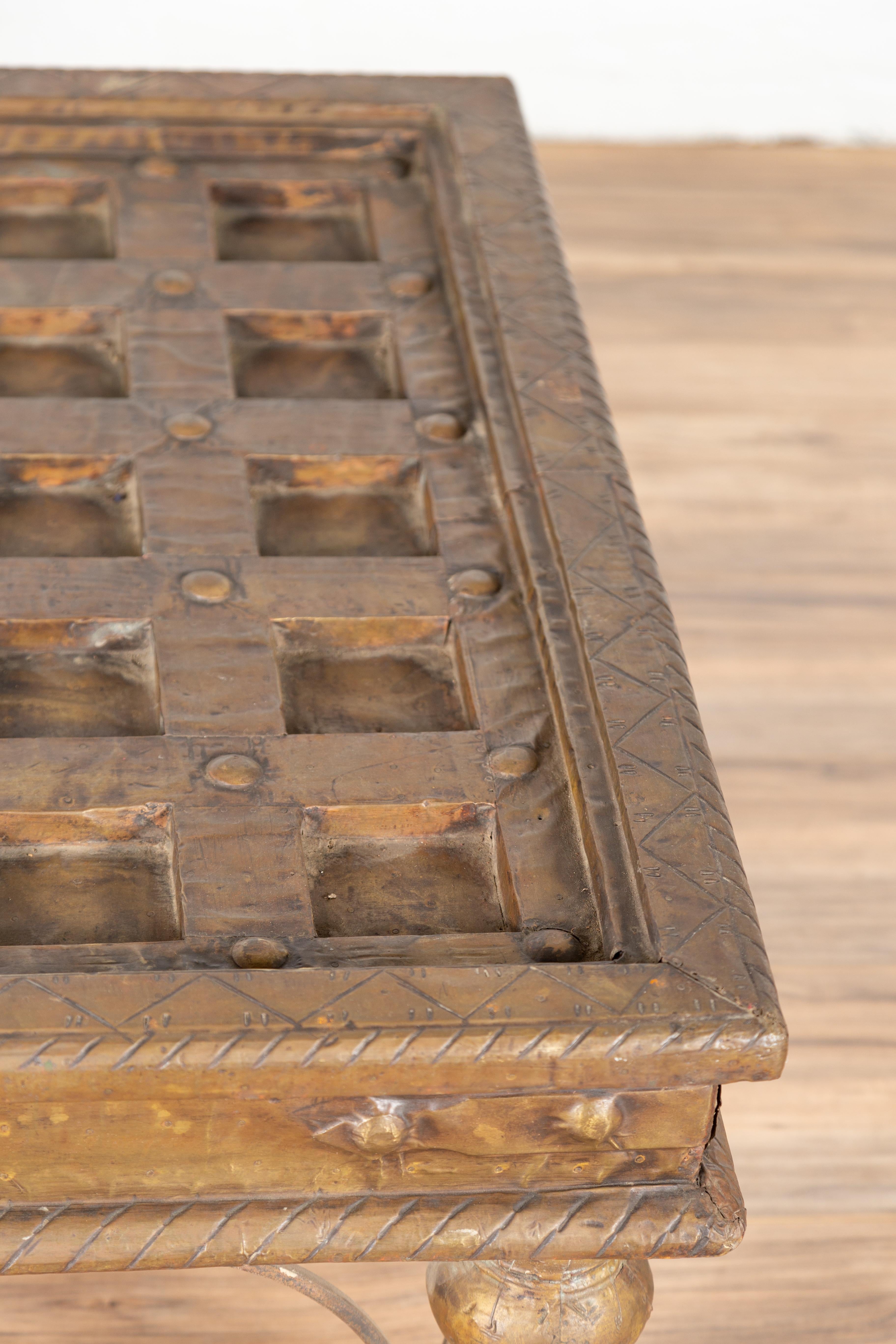 Indian Geometric Top Wood and Brass Window Grate Made into a Coffee Table 6