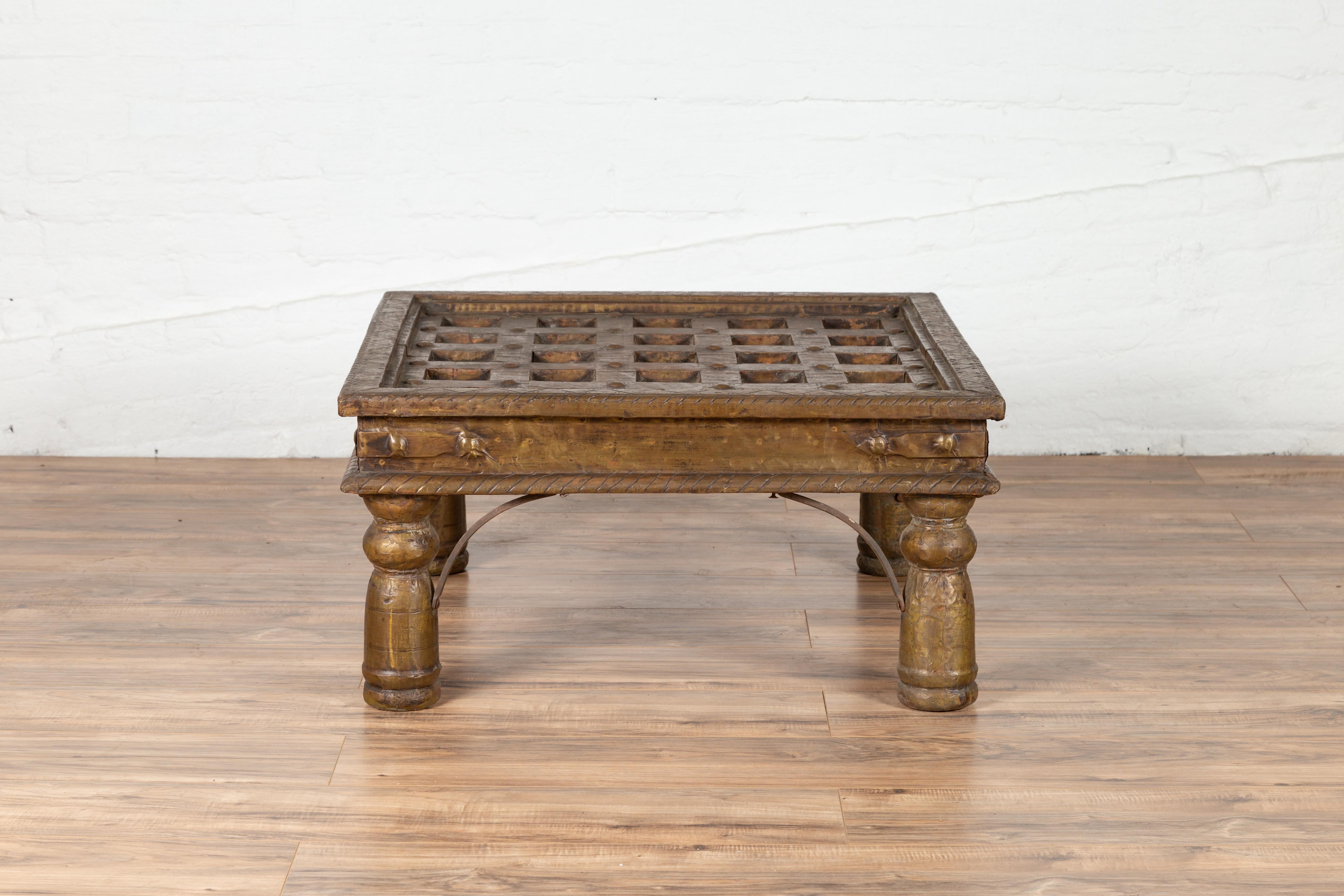Indian Geometric Top Wood and Brass Window Grate Made into a Coffee Table 7