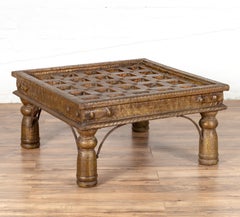 Indian Geometric Top Wood and Brass Window Grate Made into a Coffee Table