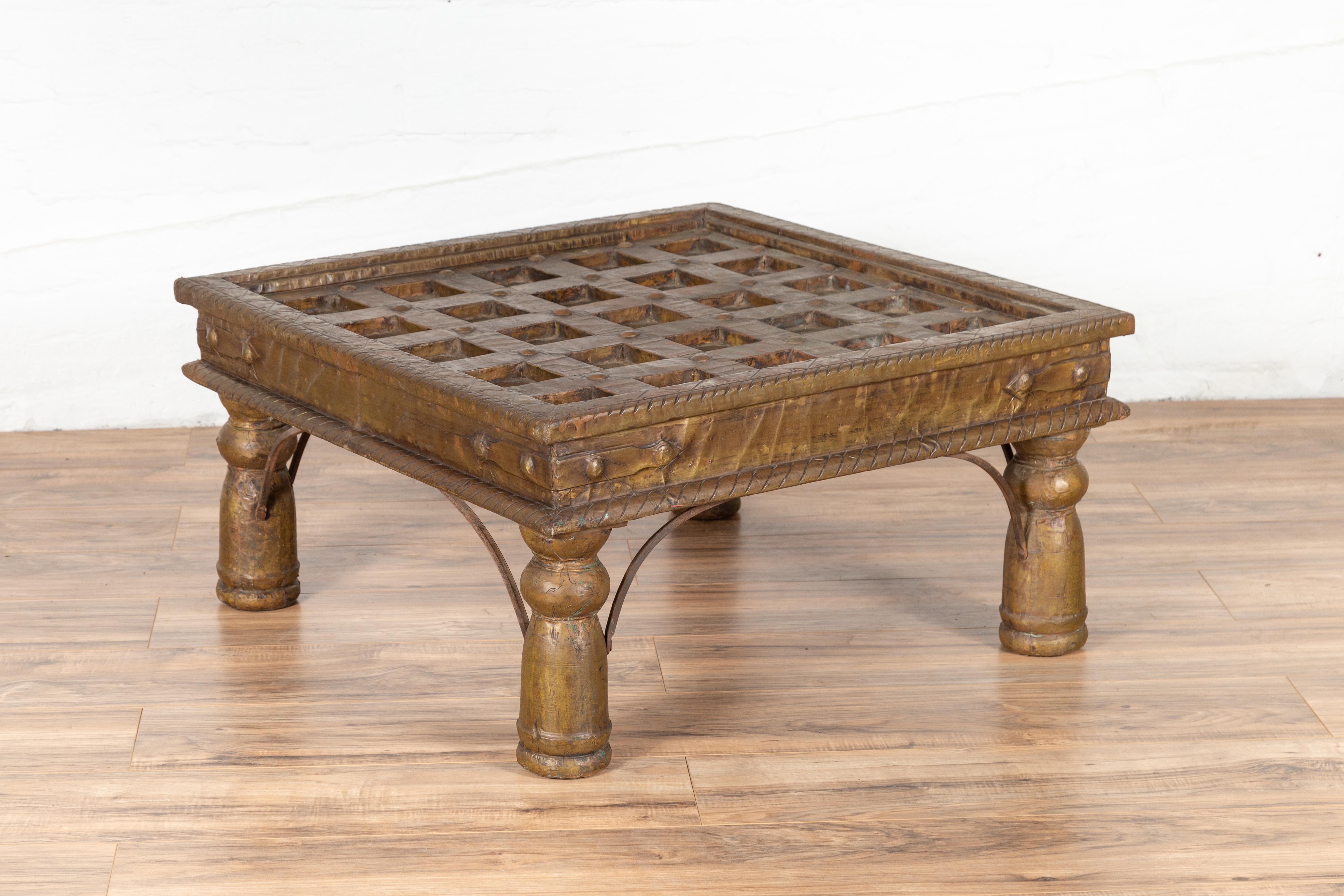 Indian Geometric Top Wood and Brass Window Grate Made into a Coffee