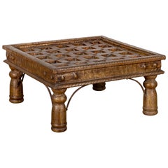Antique Indian Geometric Top Wood and Brass Window Grate Made into a Coffee Table
