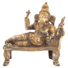 Antique Indian Gilt Bronze Reclining Ganesha Sculpture