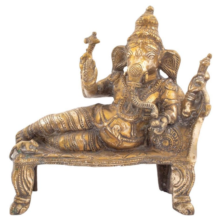 Indian Gilt Bronze Reclining Ganesha Sculpture For Sale at 1stDibs