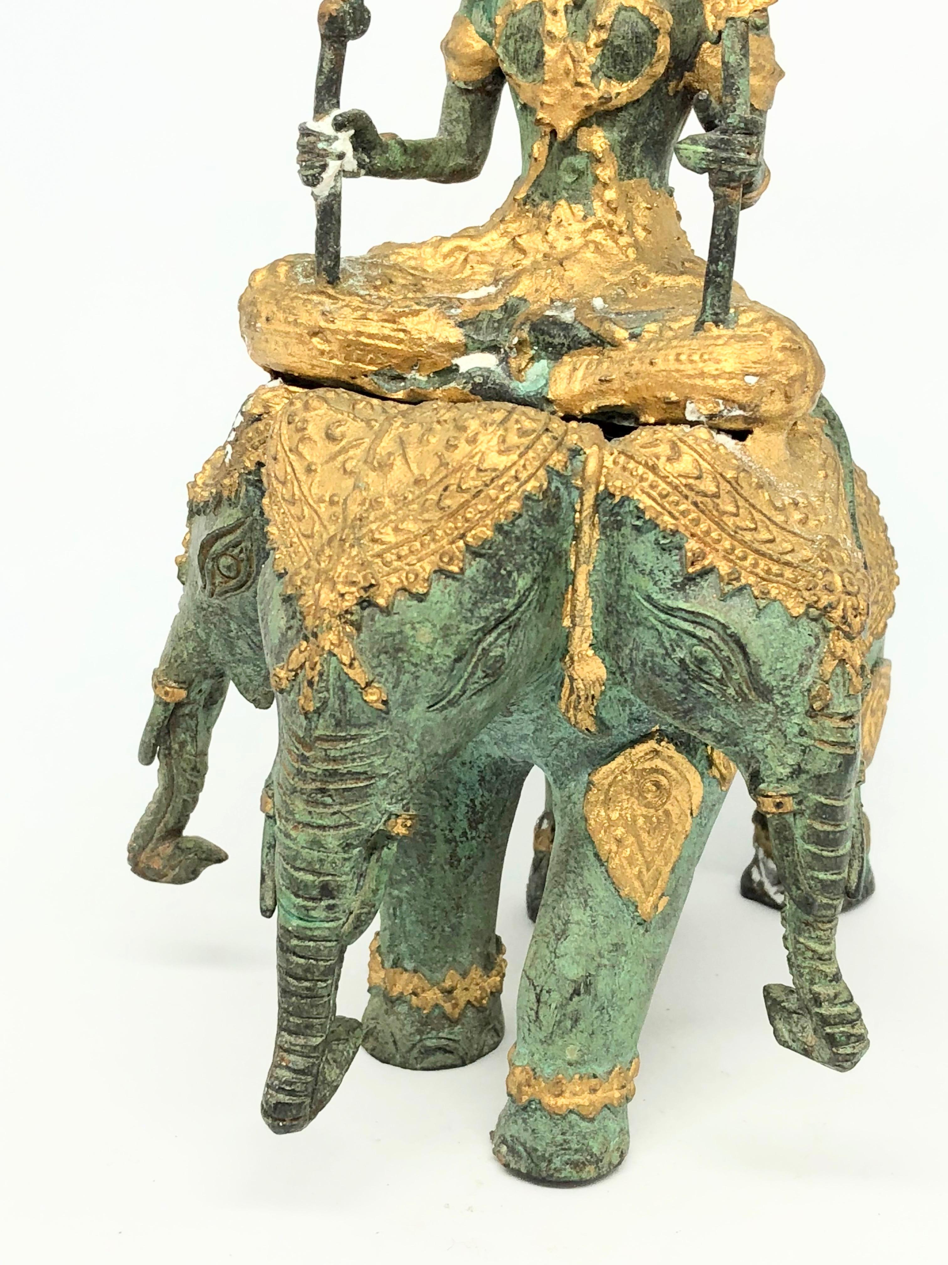 Folk Art Indian Godhead Ridding Elephant Sculpture Statue Vintage, 1950s