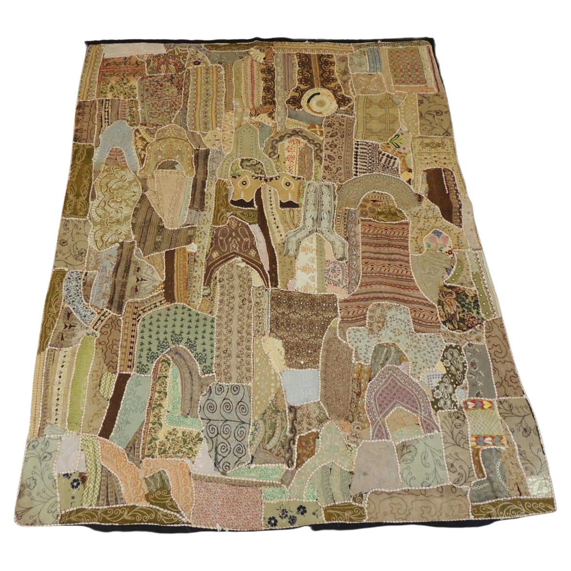 Indian Gold and Tan Patchwork with Mirrors Wall Hanging or Wall Tapestry