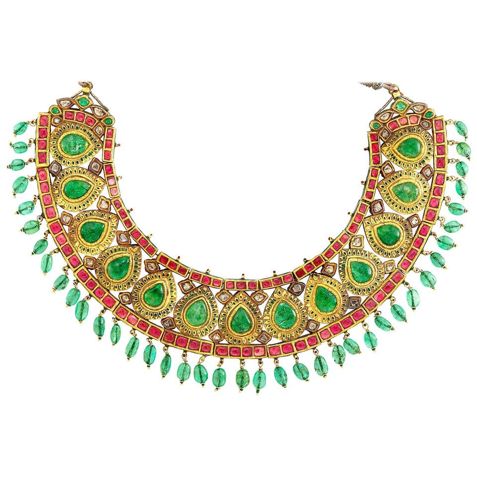 Antique Mughal Indian Spinel Diamond Jaipur Enamel Necklace For Sale at ...