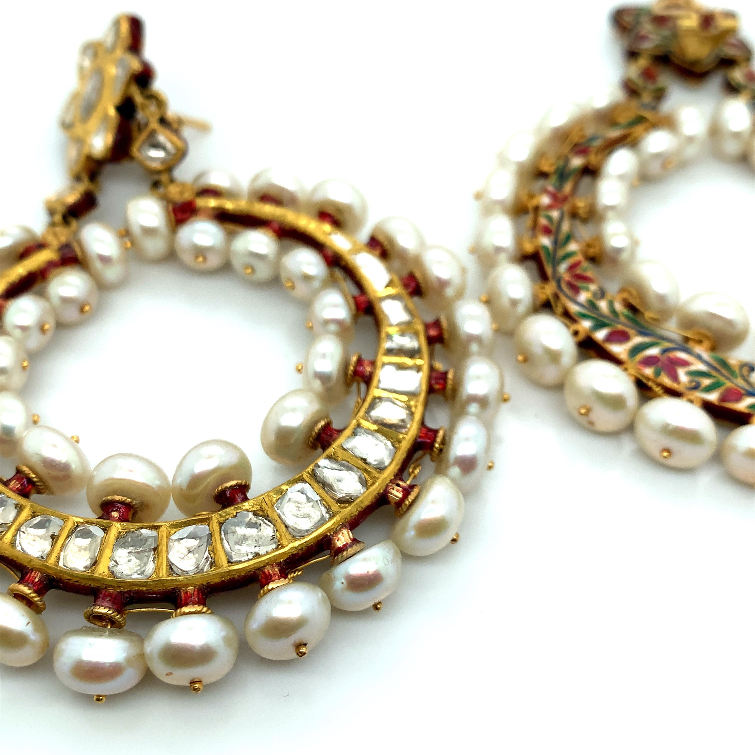 Women's Indian Gold Freshwater Pearl Diamond Earrings For Sale