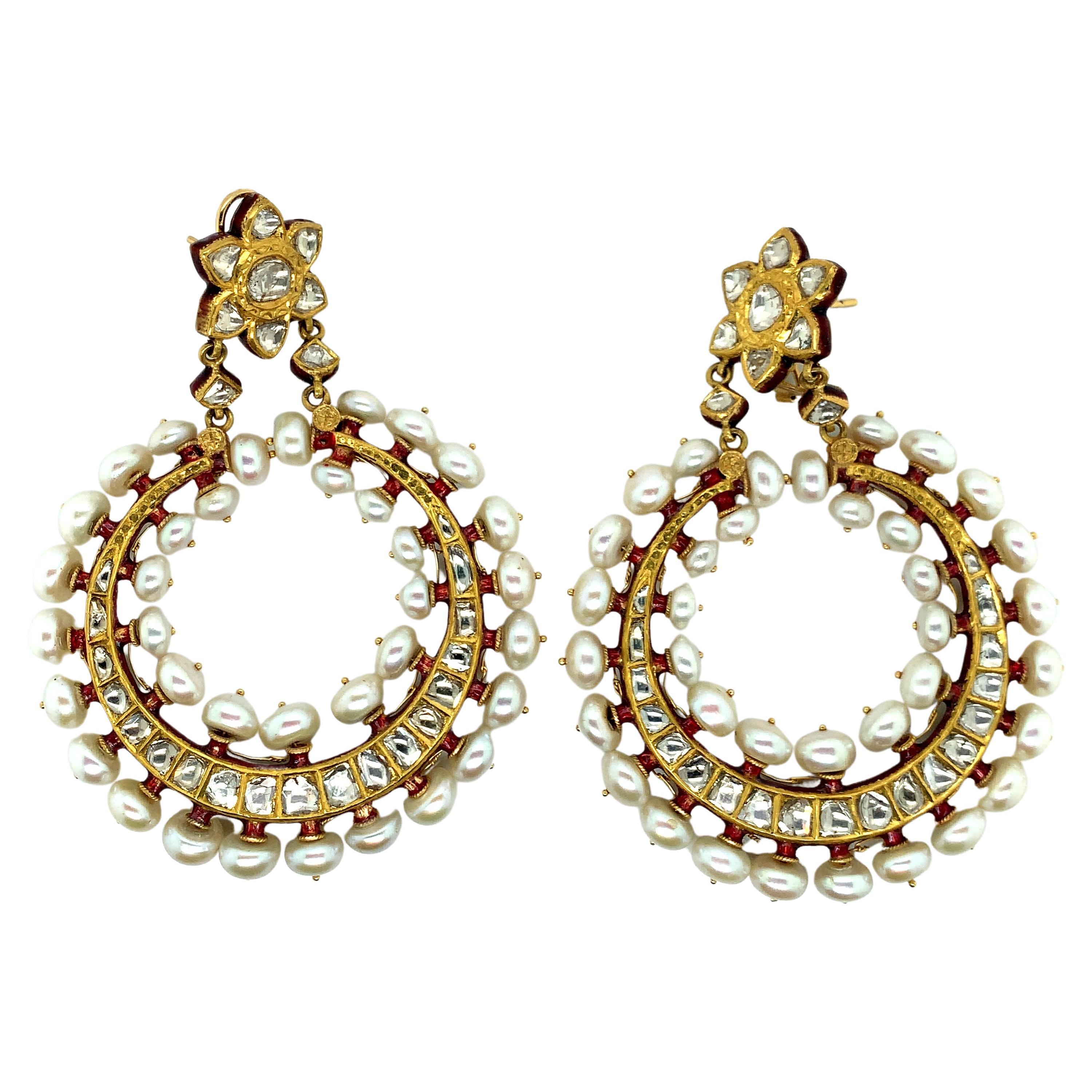 Indian Gold Freshwater Pearl Diamond Earrings For Sale