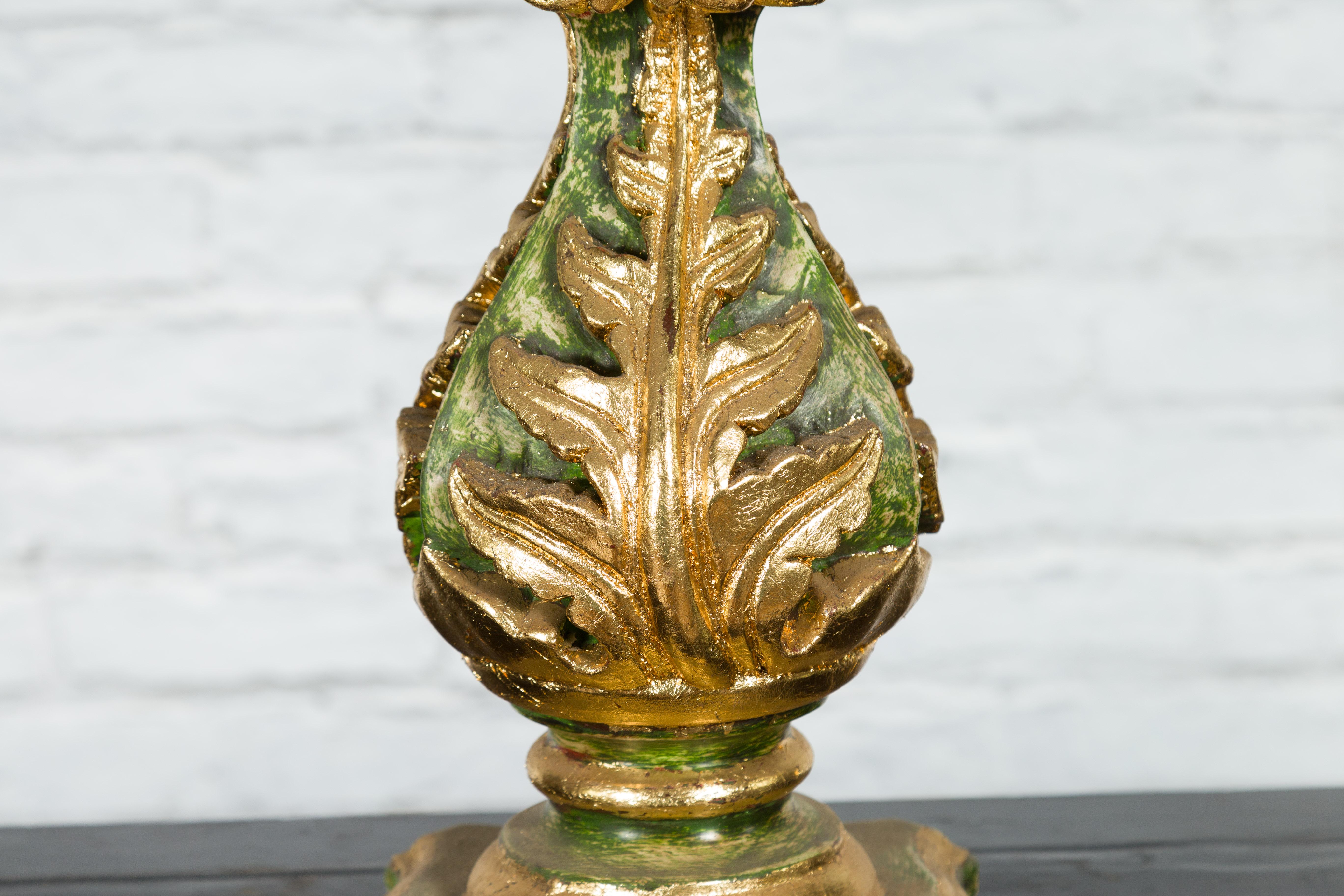 Indian Green and Gold Acanthus Carved Finial Drilled to Be Made into a Lamp For Sale 5