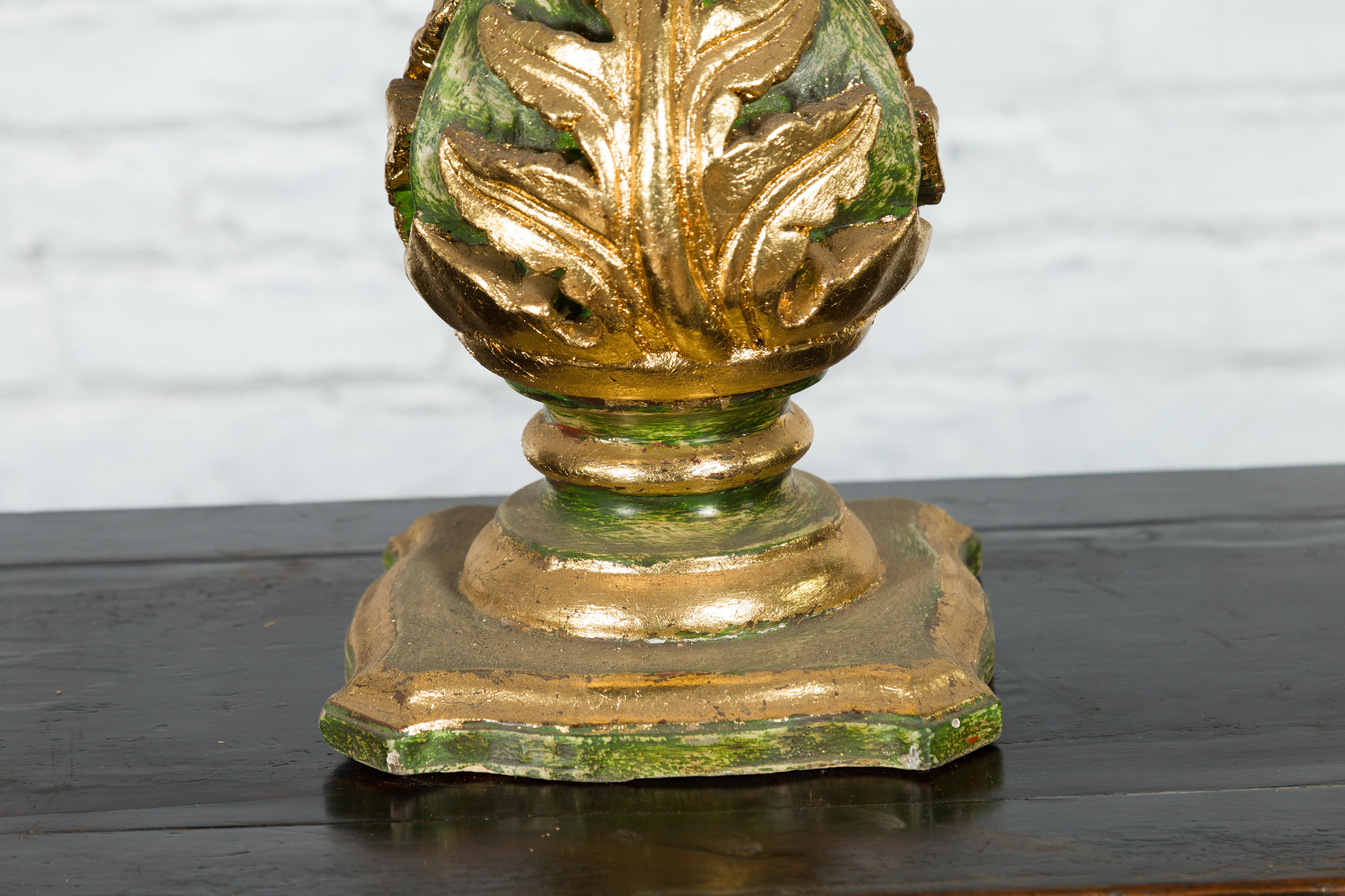 Indian Green and Gold Acanthus Carved Finial Drilled to Be Made into a Lamp For Sale 6