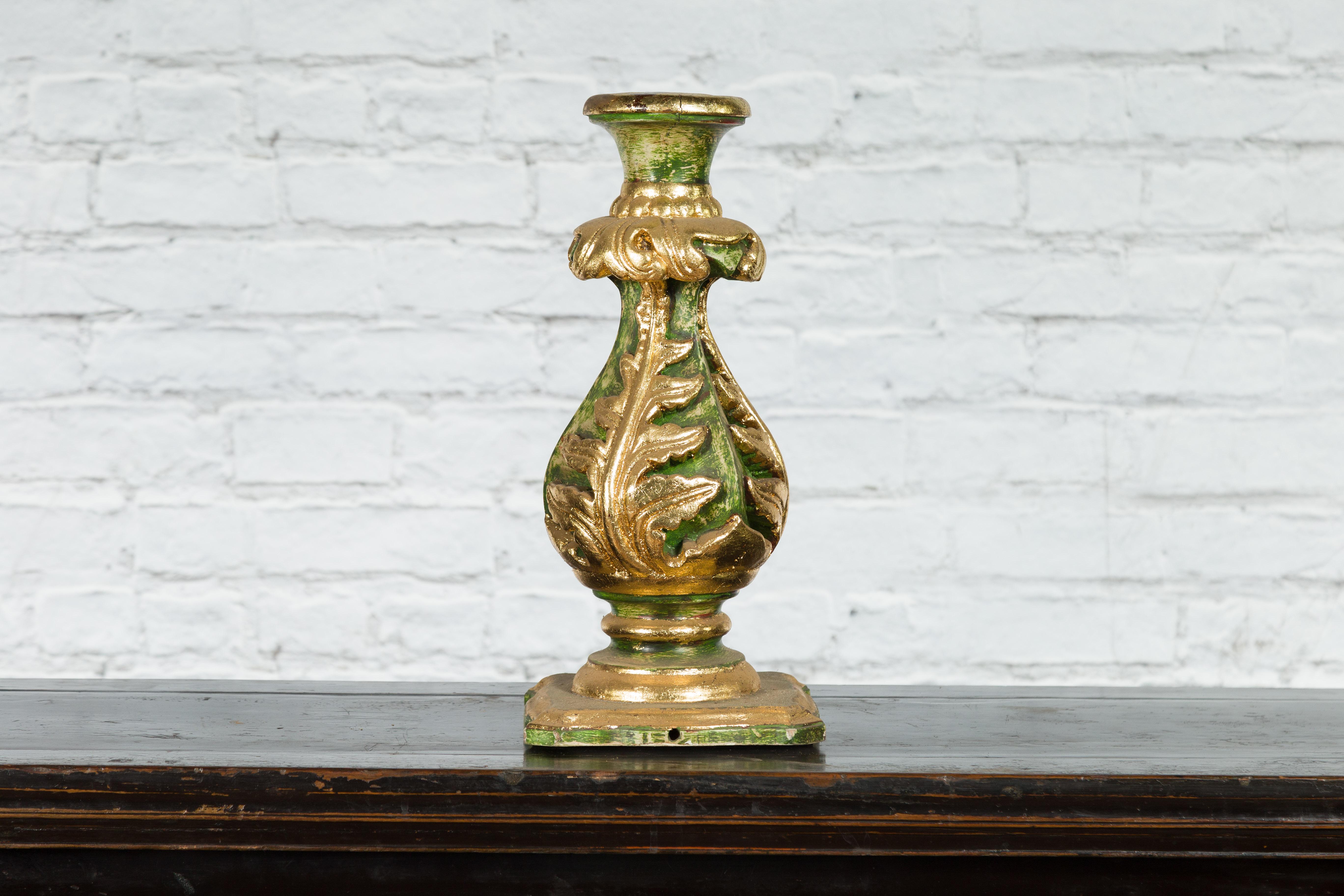 Indian Green and Gold Acanthus Carved Finial Drilled to Be Made into a Lamp For Sale 7