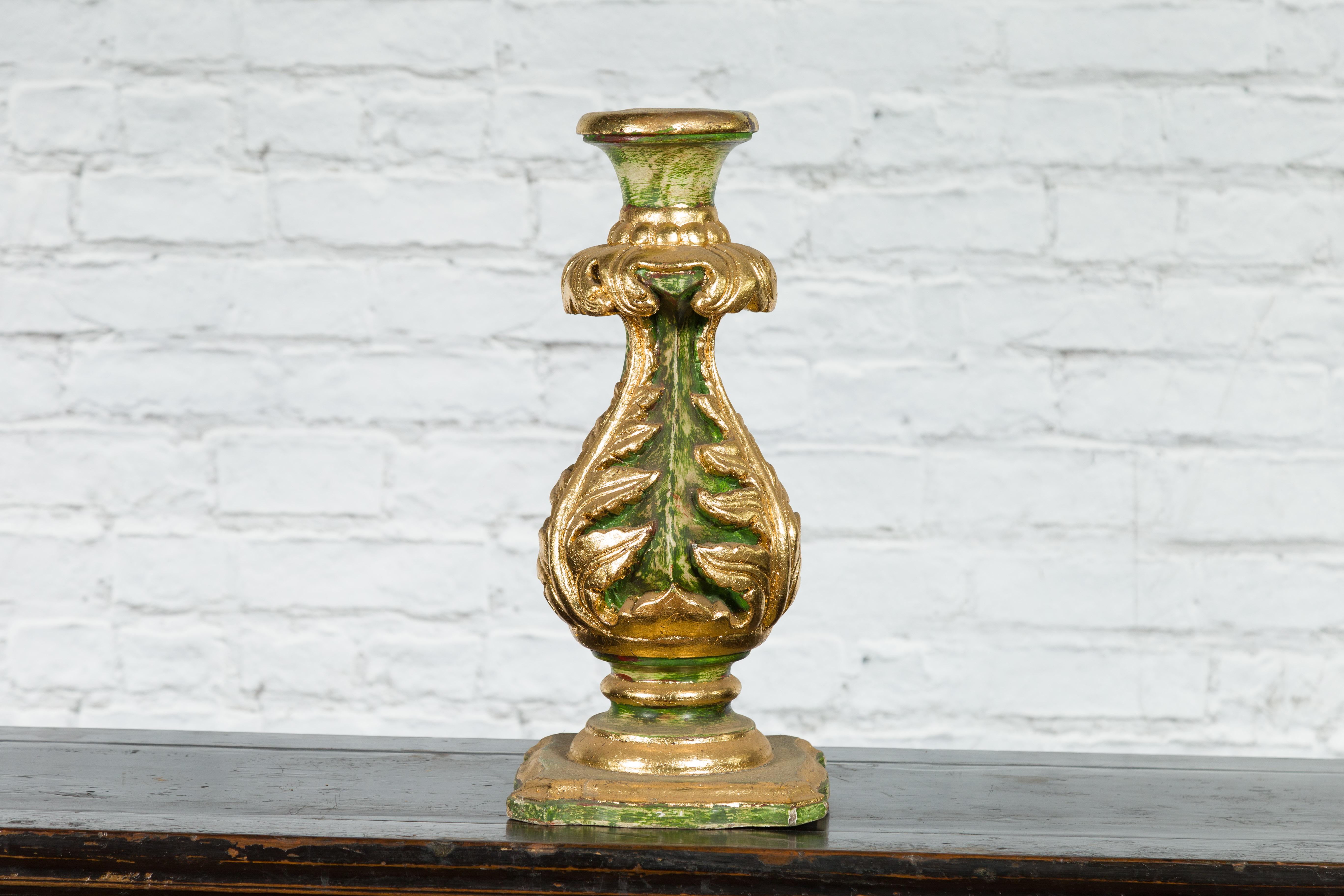 Indian Green and Gold Acanthus Carved Finial Drilled to Be Made into a Lamp For Sale 8