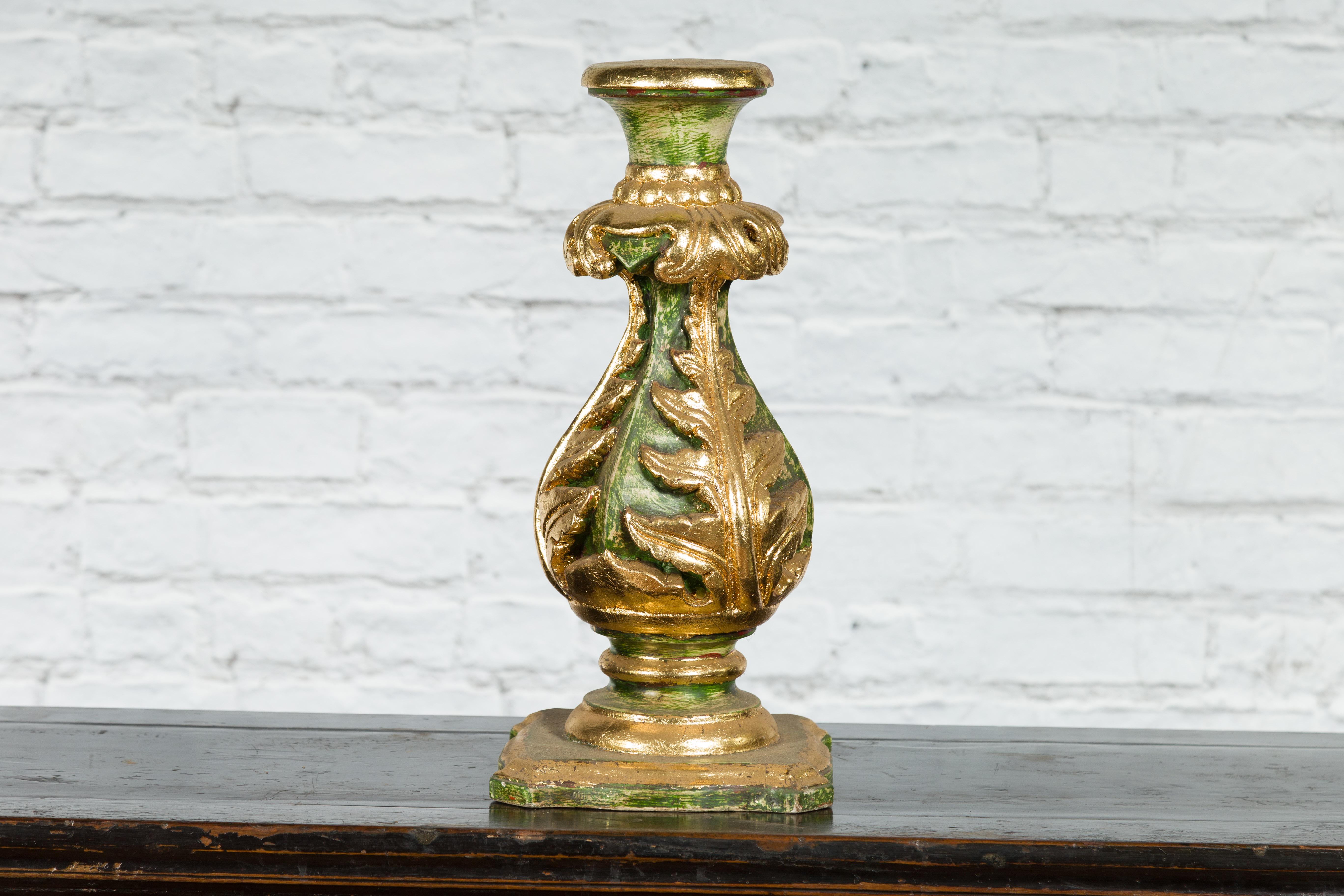 Indian Green and Gold Acanthus Carved Finial Drilled to Be Made into a Lamp For Sale 9