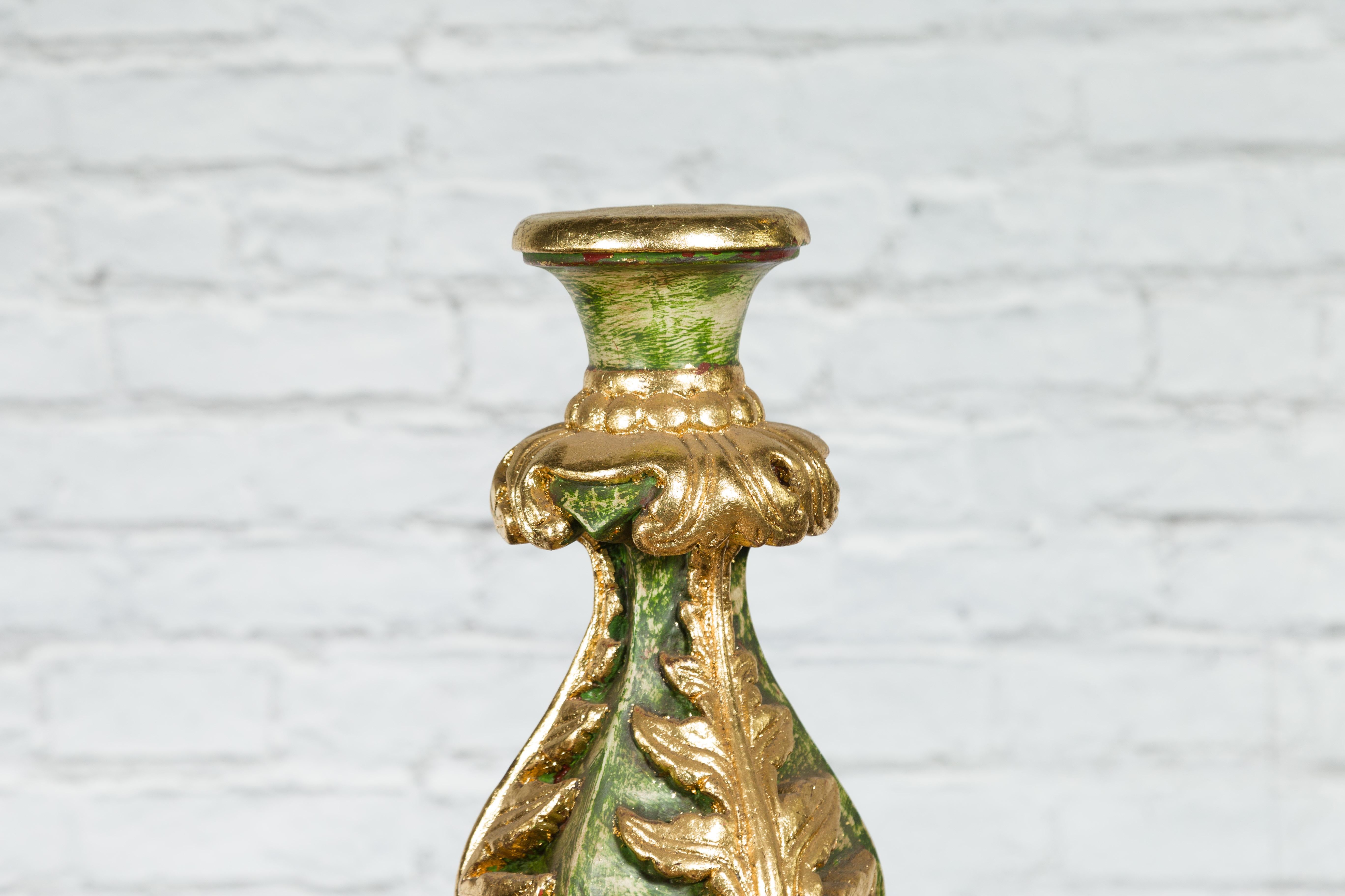 20th Century Indian Green and Gold Acanthus Carved Finial Drilled to Be Made into a Lamp For Sale