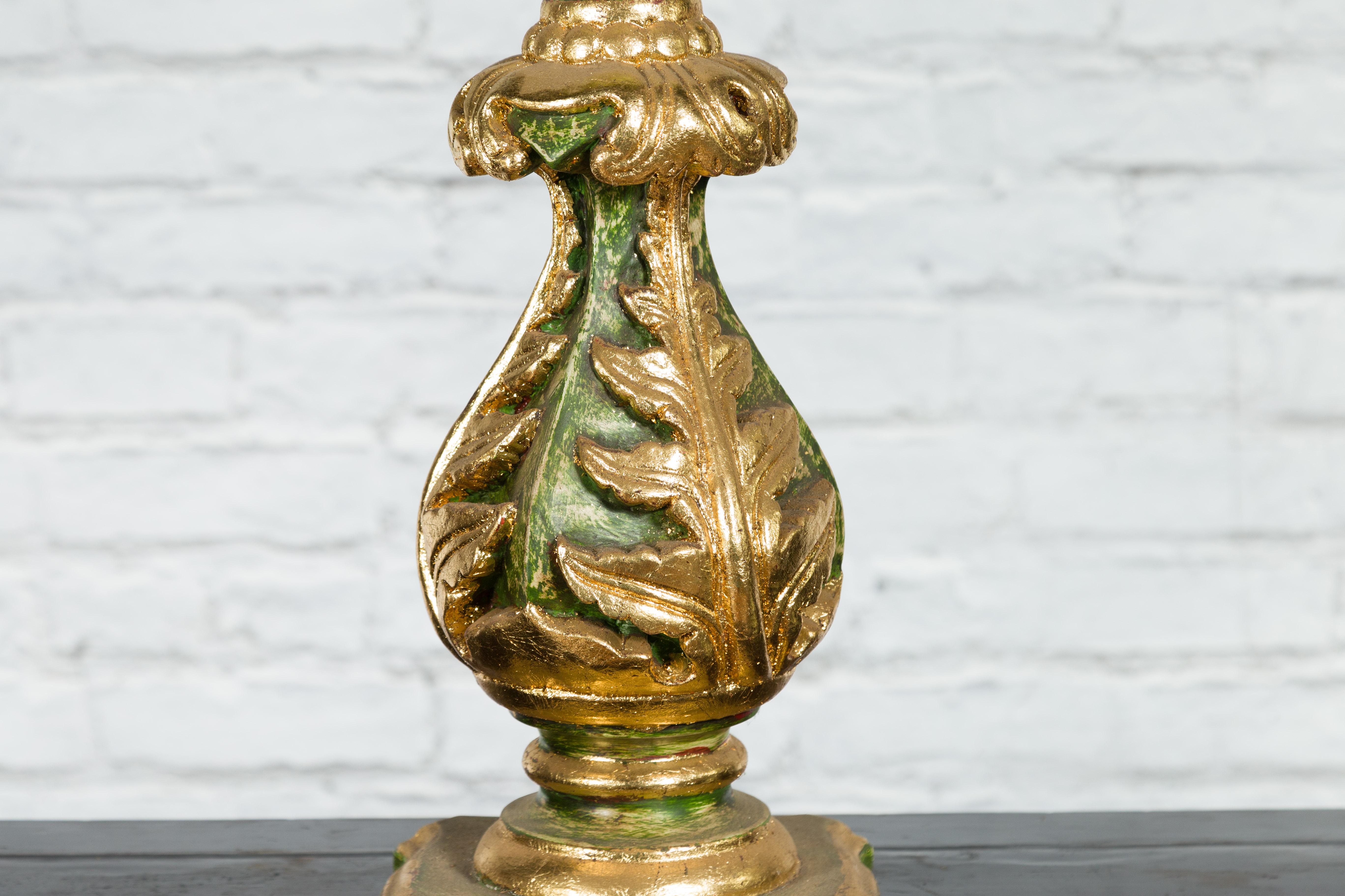 Wood Indian Green and Gold Acanthus Carved Finial Drilled to Be Made into a Lamp For Sale