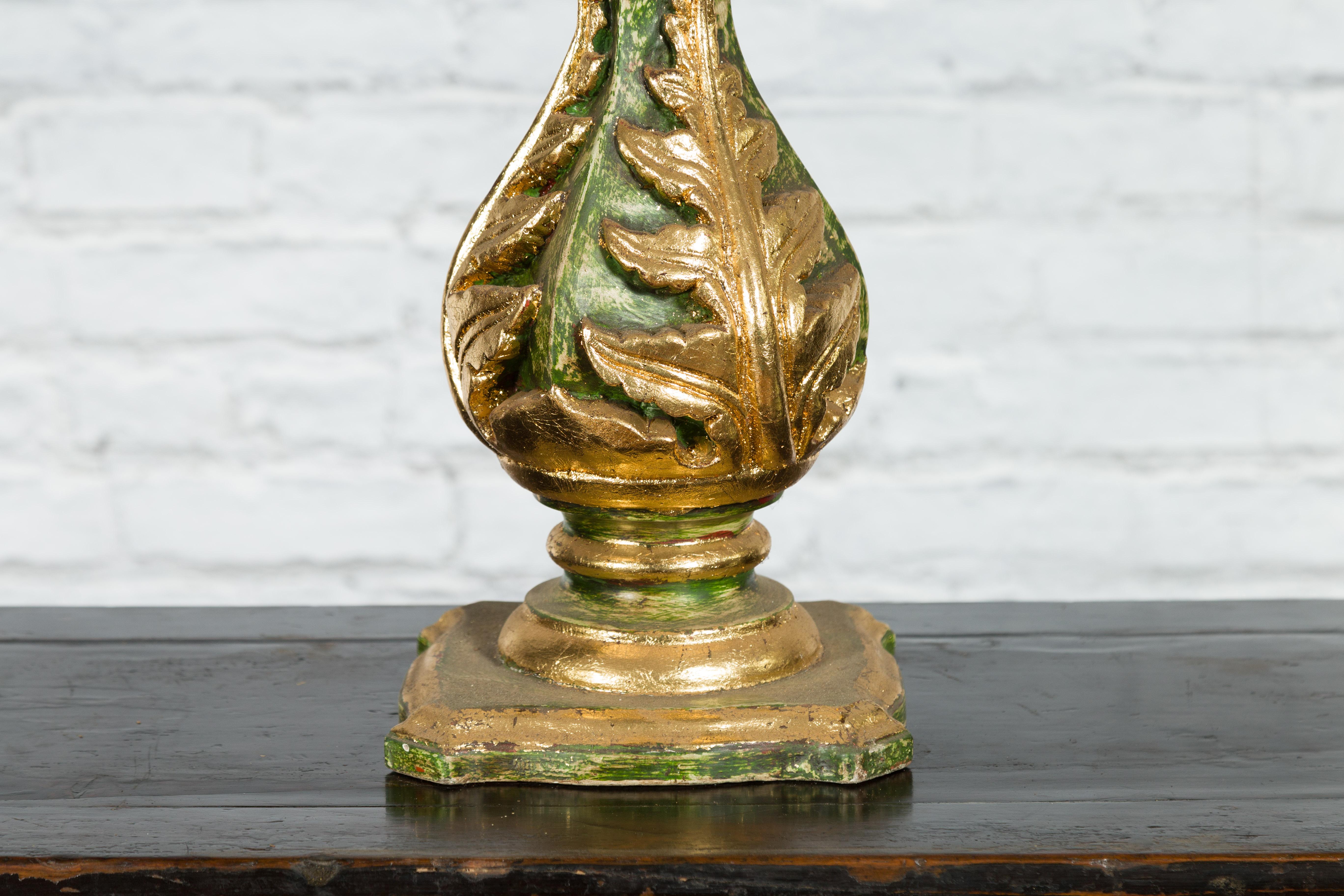 Indian Green and Gold Acanthus Carved Finial Drilled to Be Made into a Lamp For Sale 1
