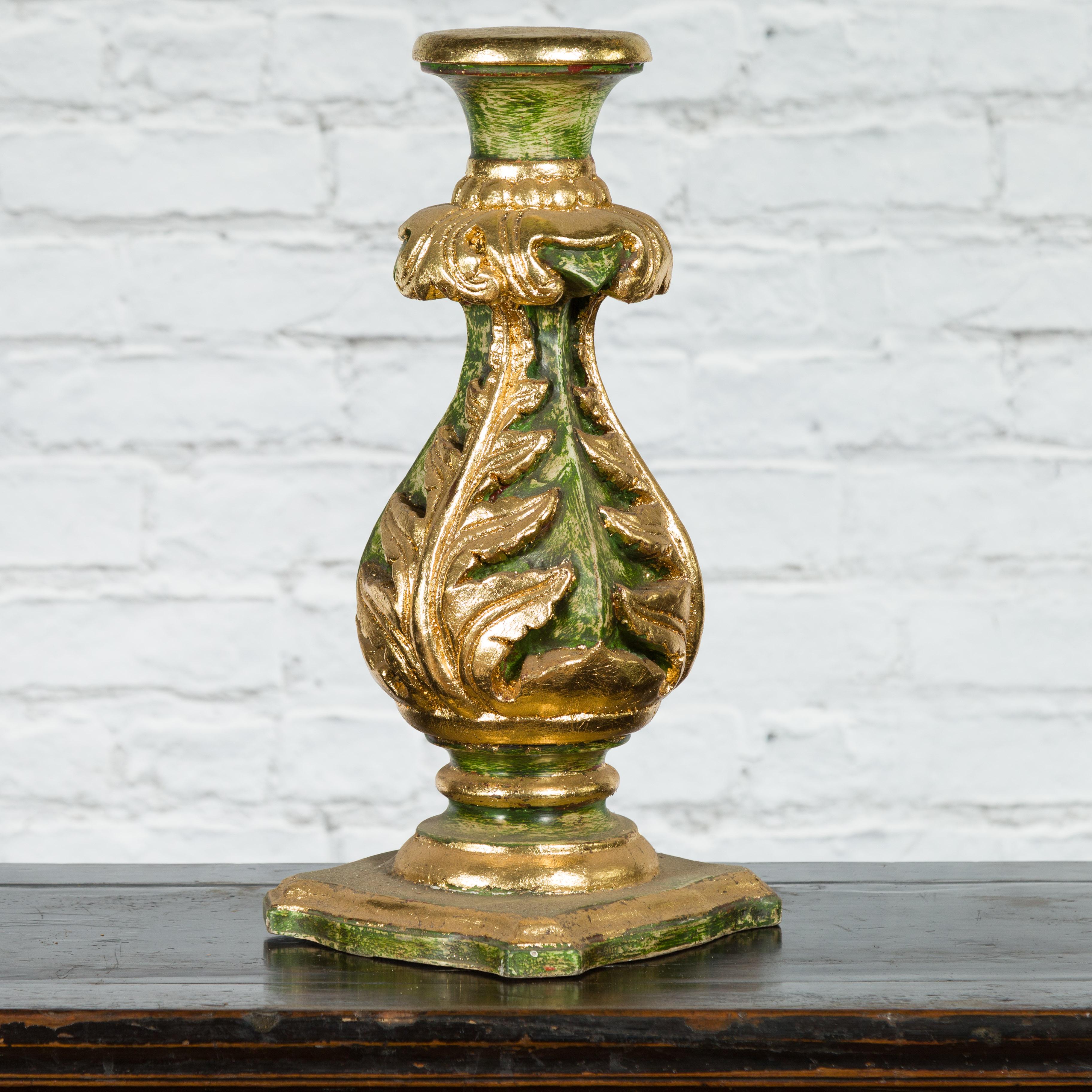 Indian Green and Gold Acanthus Carved Finial Drilled to Be Made into a Lamp For Sale 2