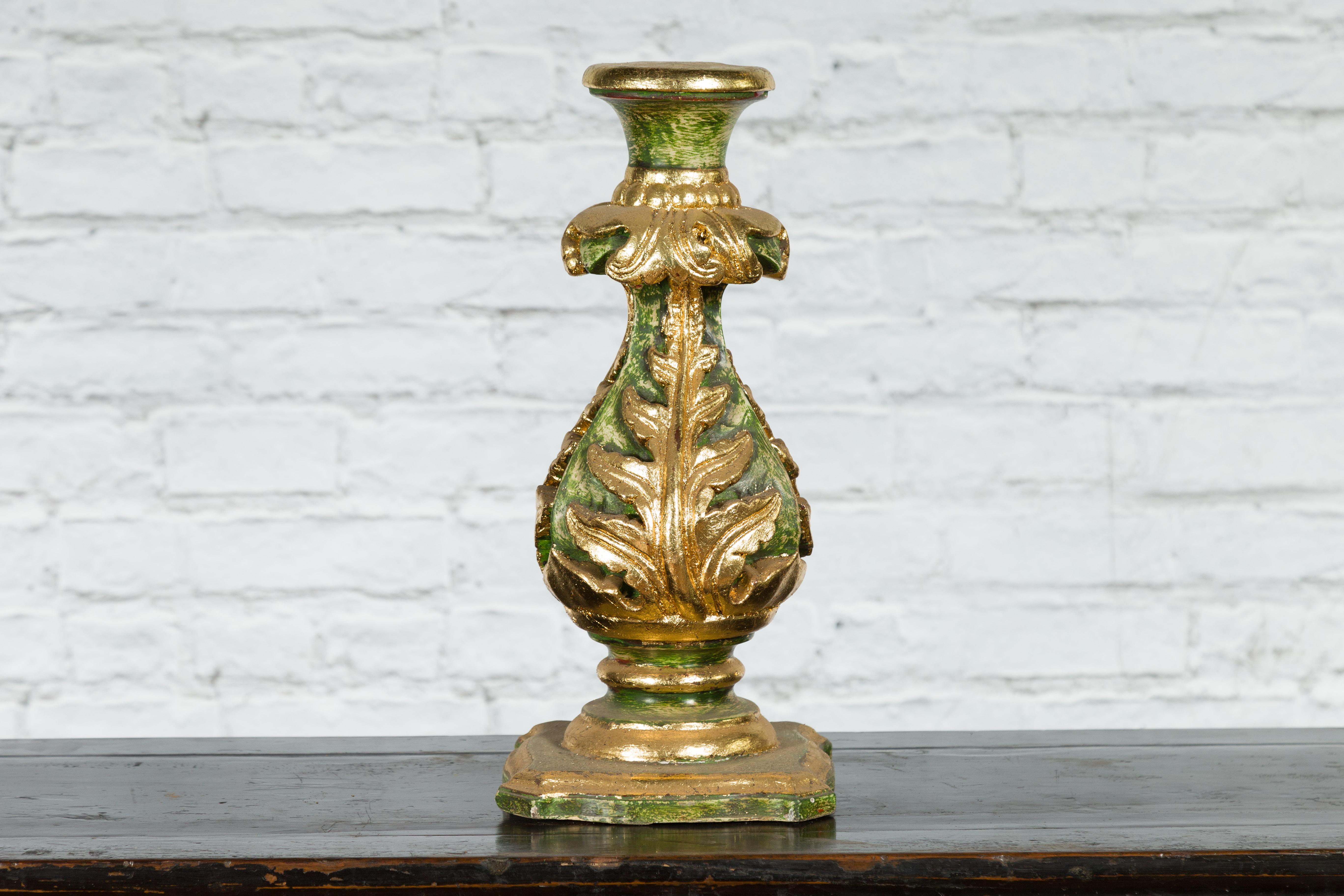 Indian Green and Gold Acanthus Carved Finial Drilled to Be Made into a Lamp For Sale 3