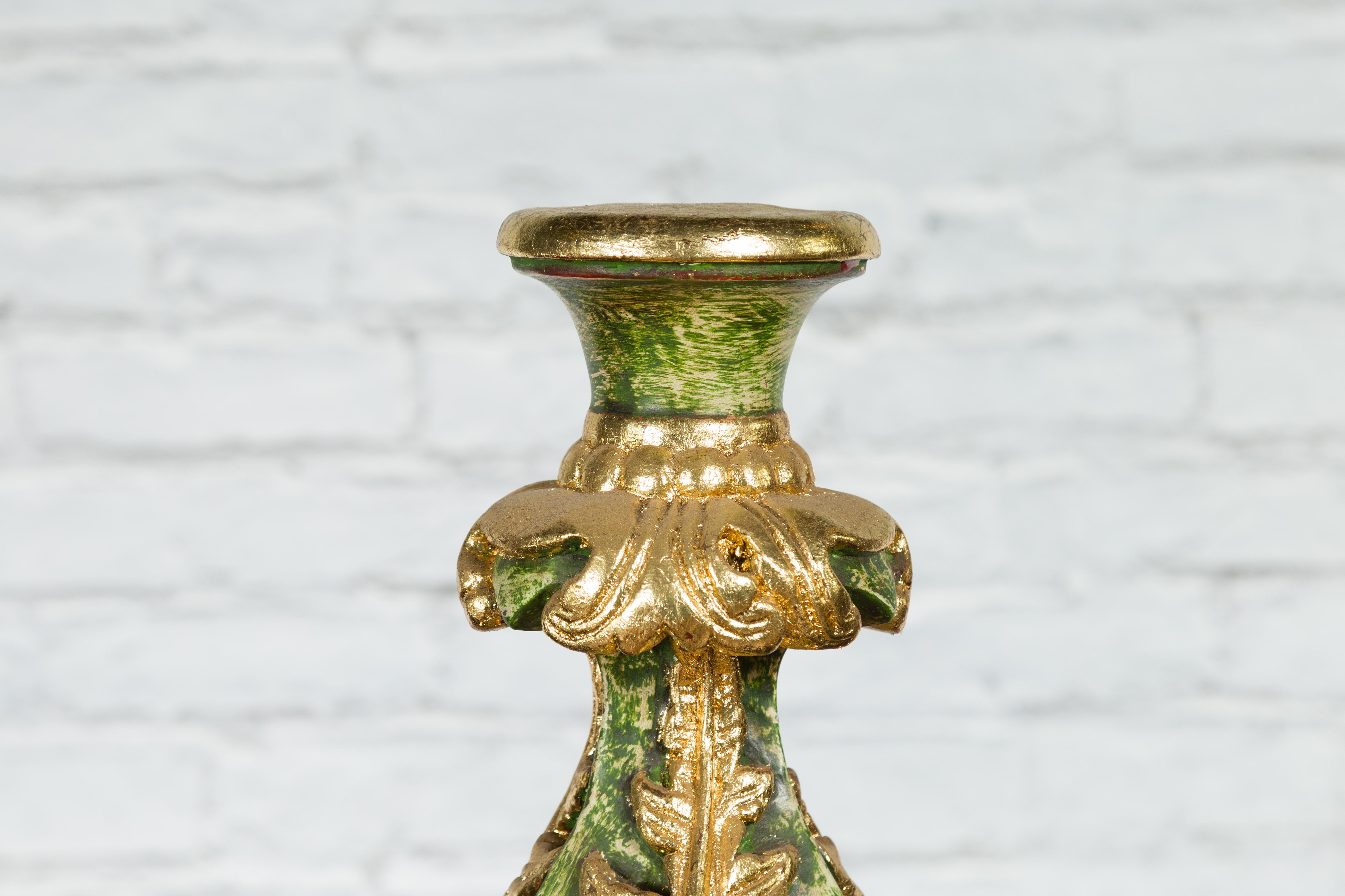 Indian Green and Gold Acanthus Carved Finial Drilled to Be Made into a Lamp For Sale 4