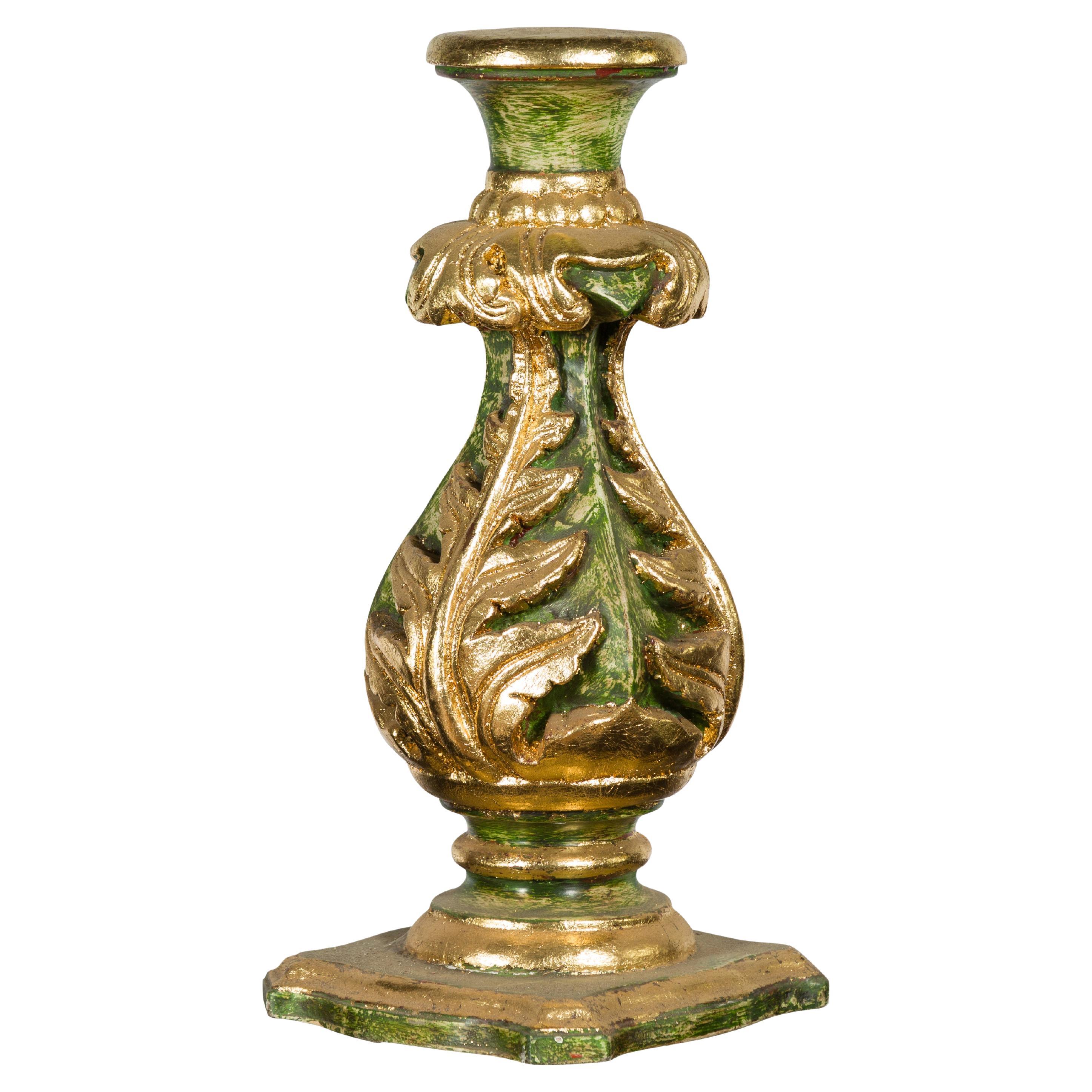 Indian Green and Gold Acanthus Carved Finial Drilled to Be Made into a Lamp For Sale