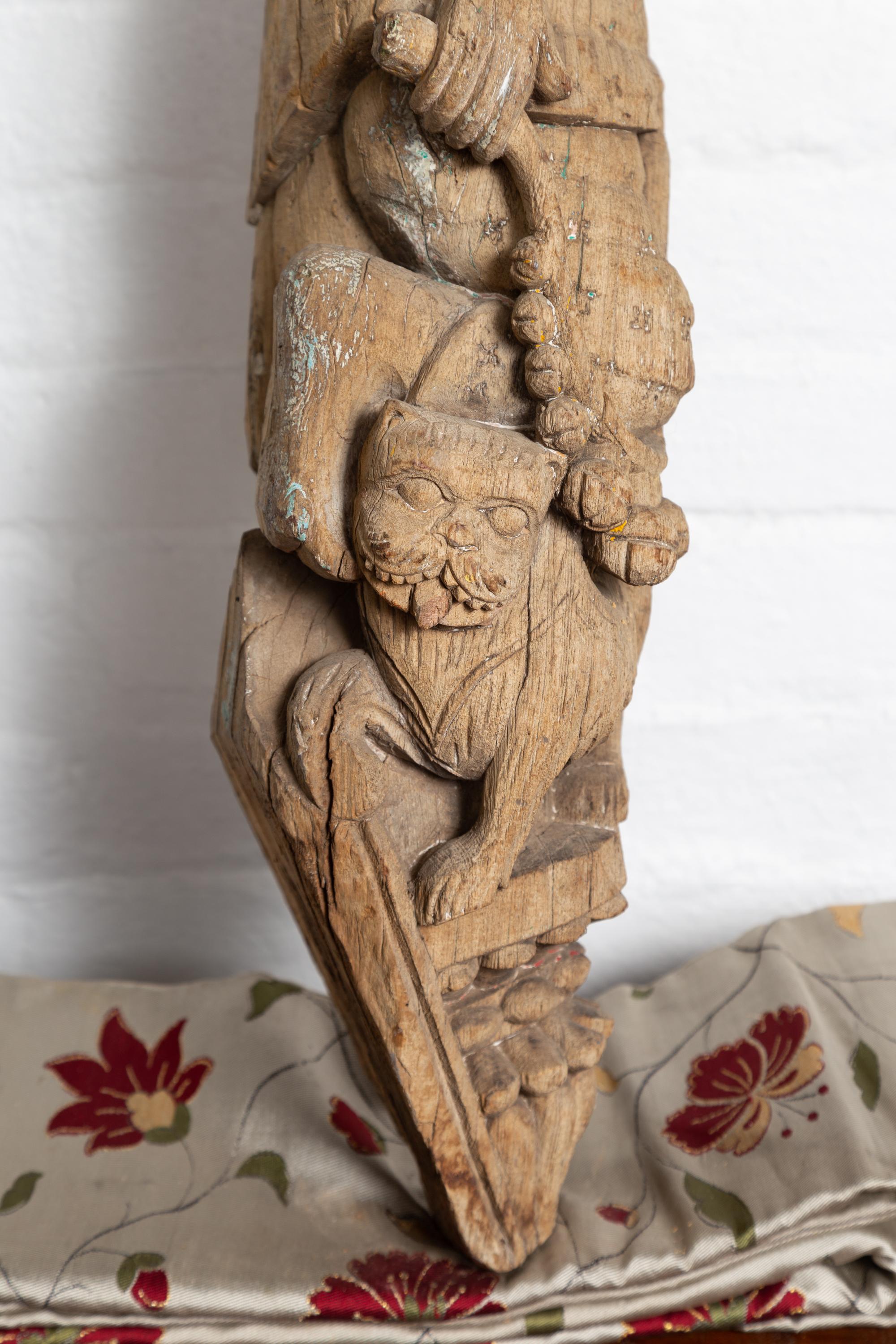 Indian Gujarat Hand Carved Temple Carving Statue Depicting a Woman and a Feline For Sale 1