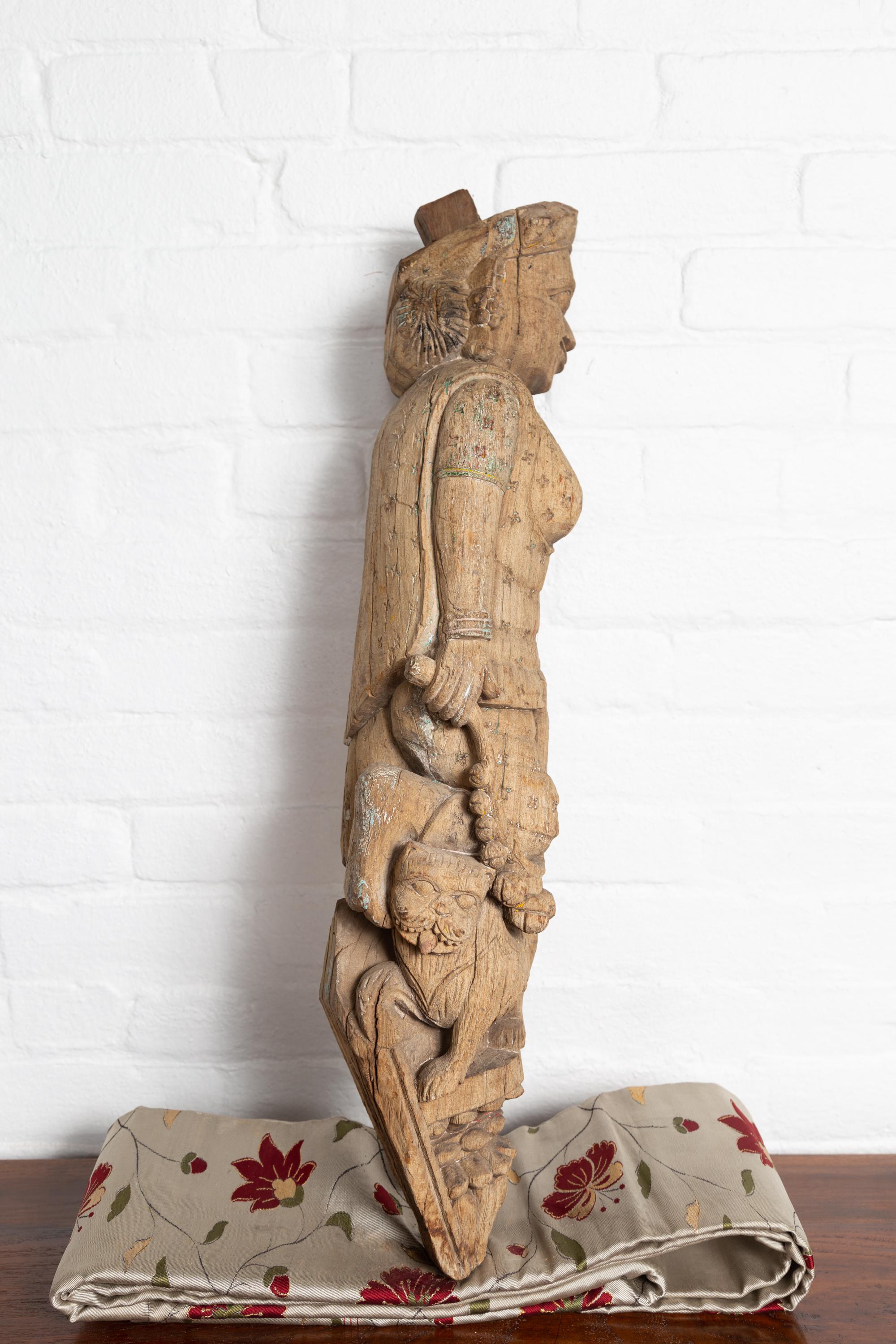 Wood Indian Gujarat Hand Carved Temple Carving Statue Depicting a Woman and a Feline For Sale