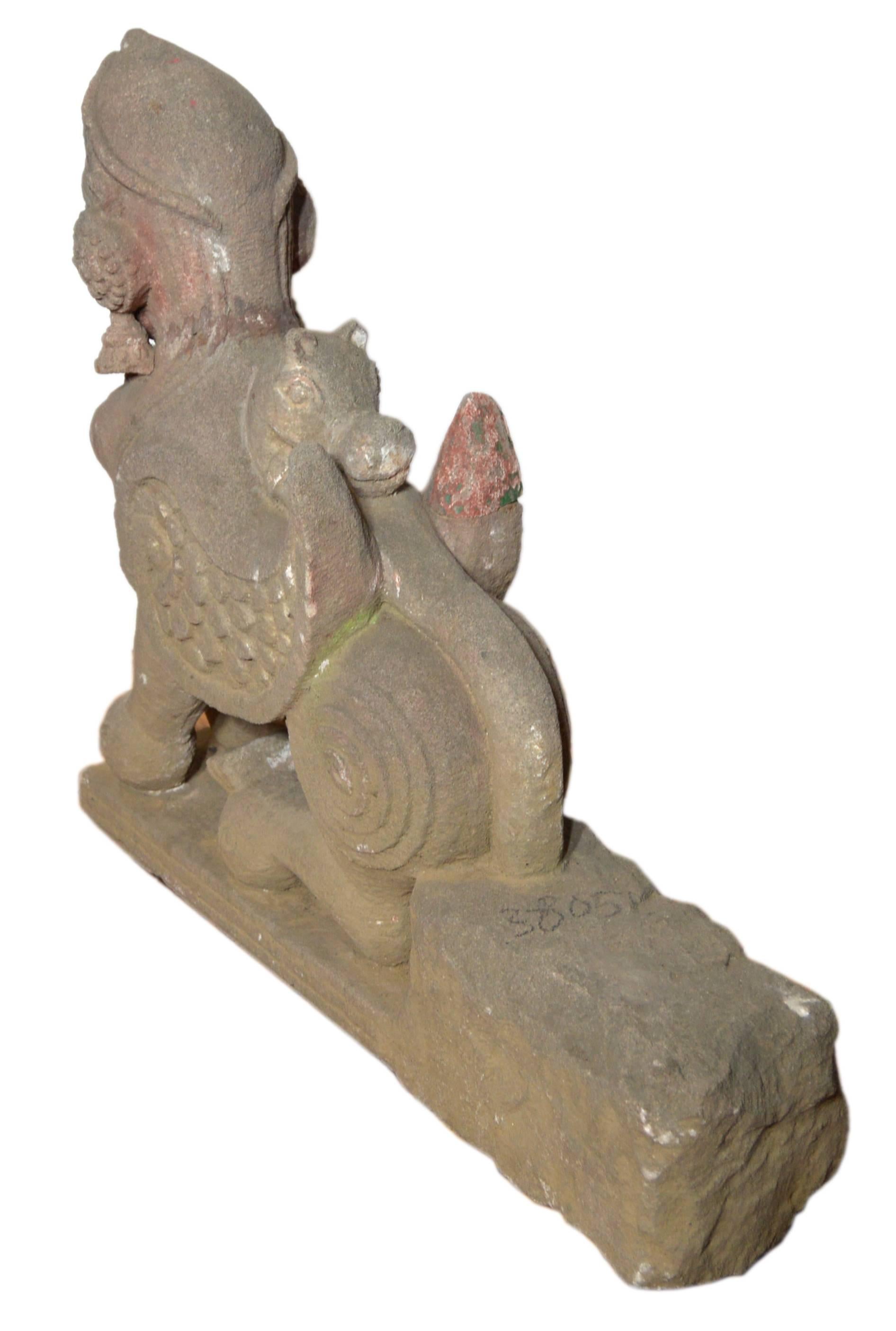 Indian Hand-Carved 19th Century Stone Sphinx Sculpture with Tiara and Earrings For Sale 5