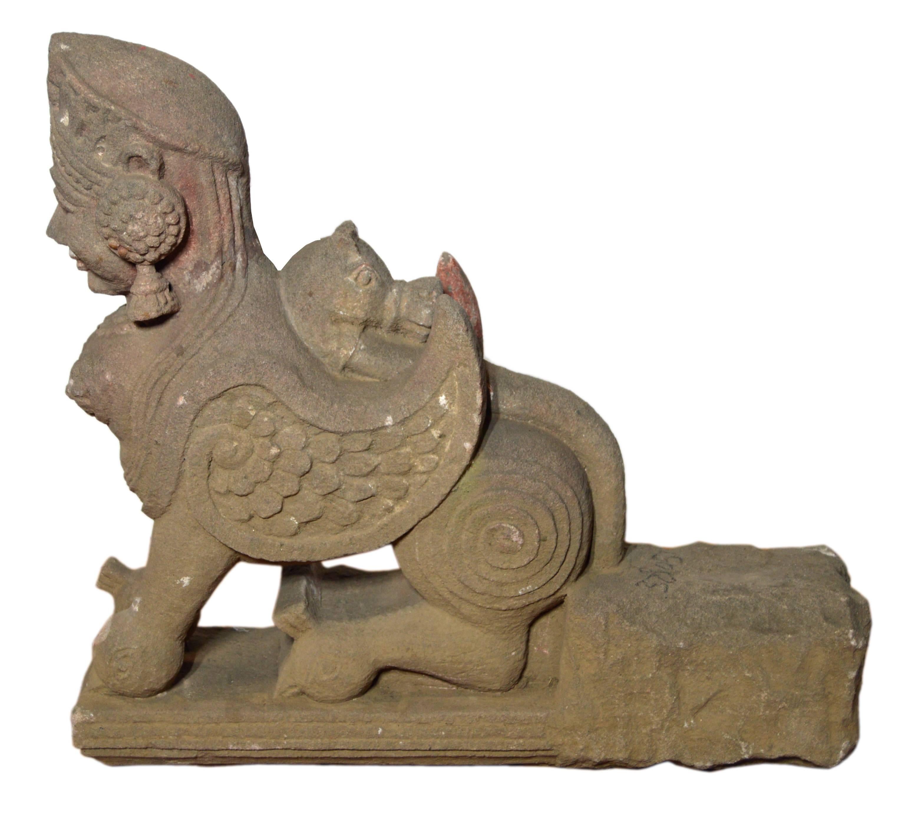 Indian Hand-Carved 19th Century Stone Sphinx Sculpture with Tiara and Earrings For Sale 2