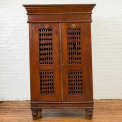 Indian Hand Carved Cabinet with Open Diamond Design and Painted Fan Motifs