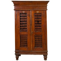 Indian Hand Carved Cabinet with Open Diamond Design and Painted Fan Motifs