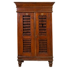 Indian Hand Carved Cabinet with Open Diamond Design and Painted Fan Motifs