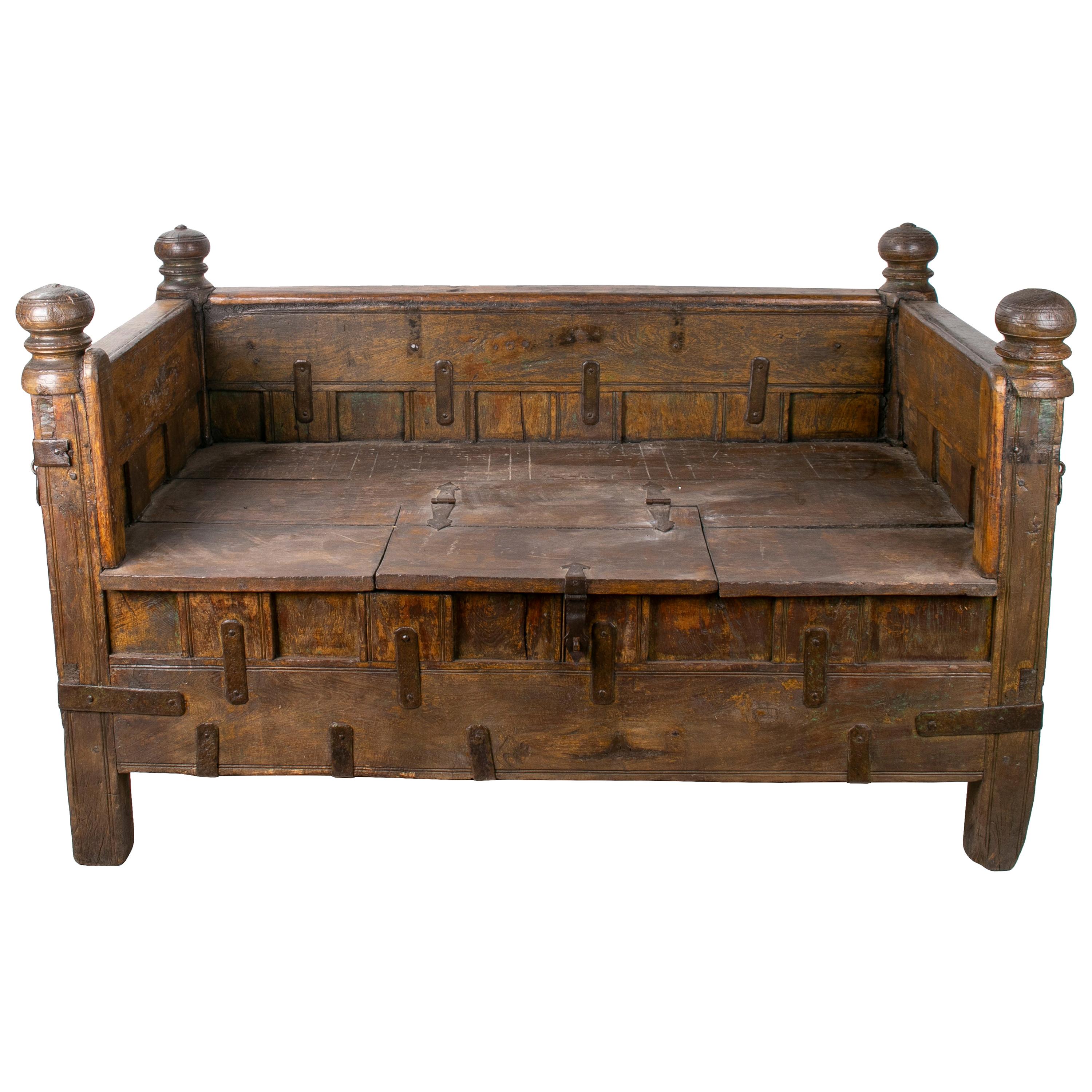 Indian Hand Carved Iron Bound Teak Bench with Hinged Seat