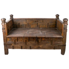 Vintage Indian Hand Carved Iron Bound Teak Bench with Hinged Seat