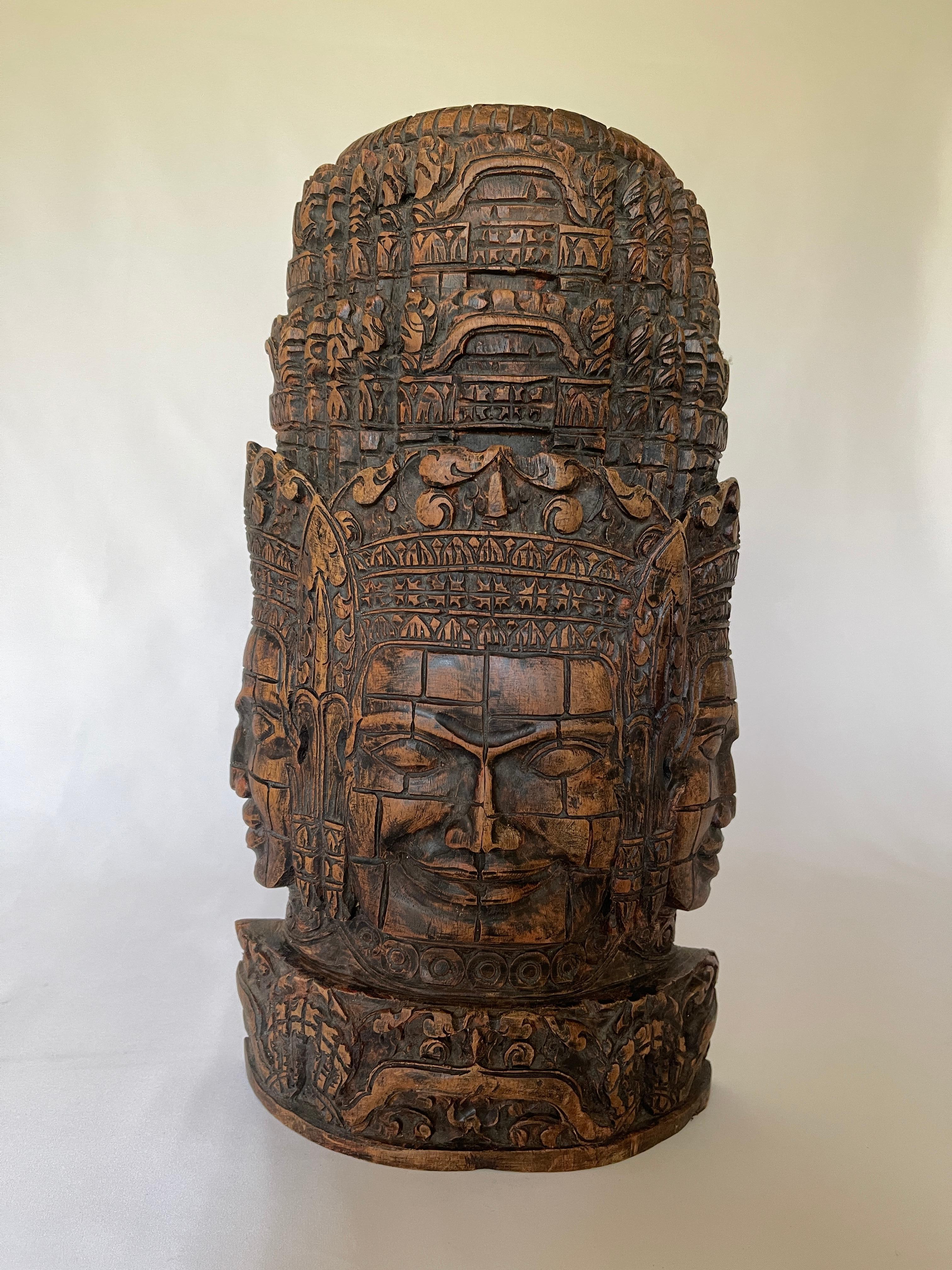Tribal Indian Midcentury Folk Art Shiva Trimurti Wood Sculpture For Sale